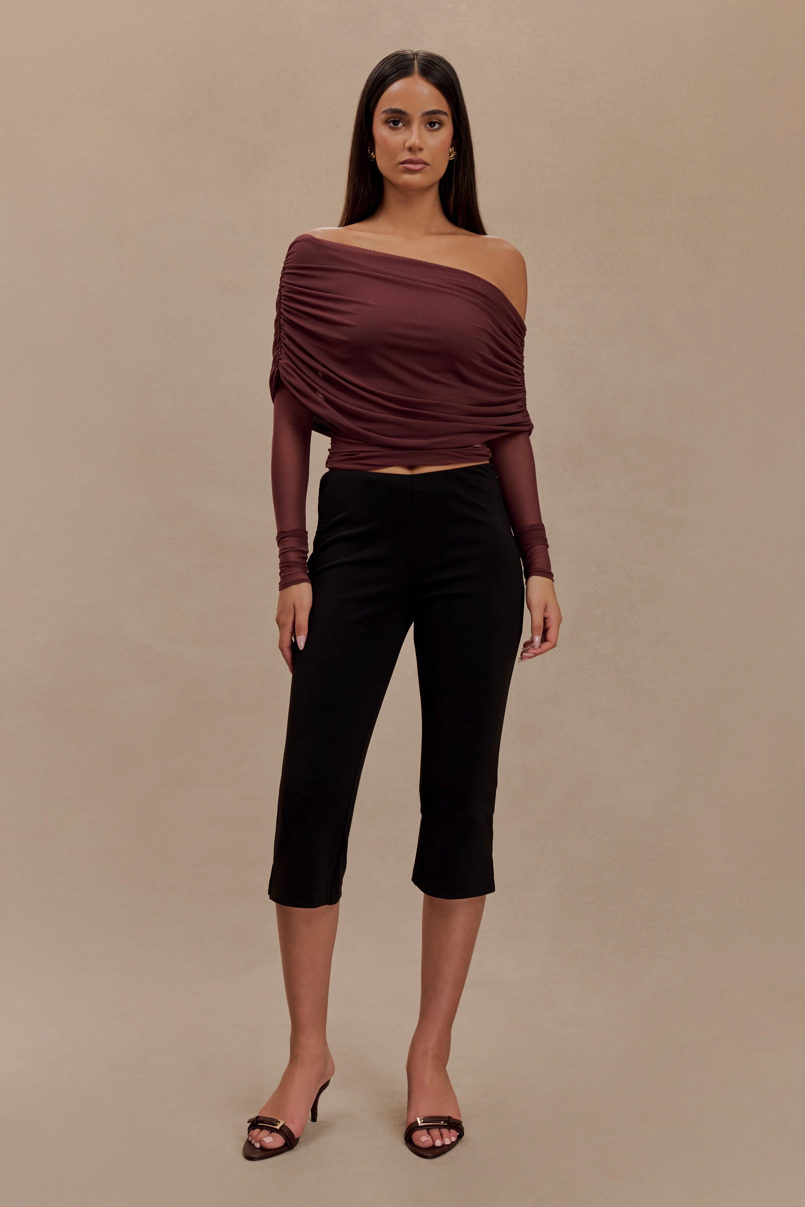 Everly Sheer Mesh Off Shoulder Top - Mahogany - Image 4