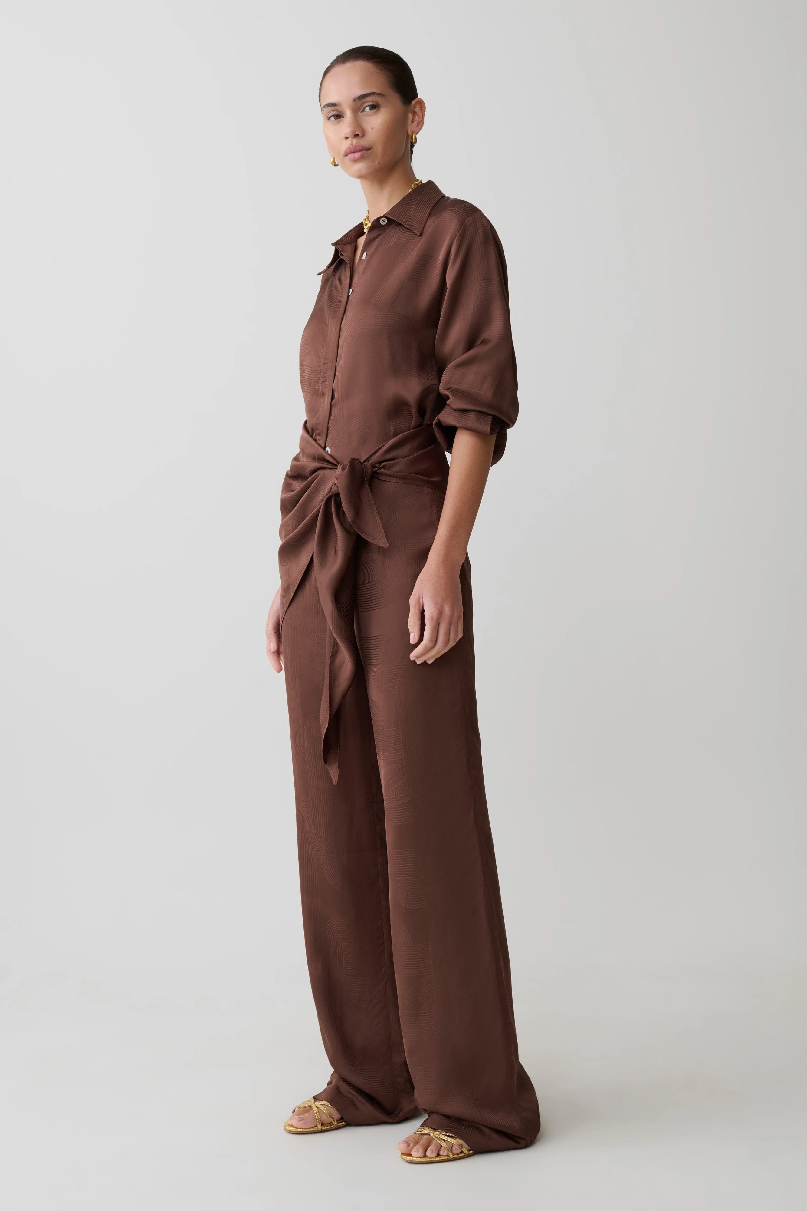 Gia Wrapped Tie Satin Pants - Chocolate - Image 3