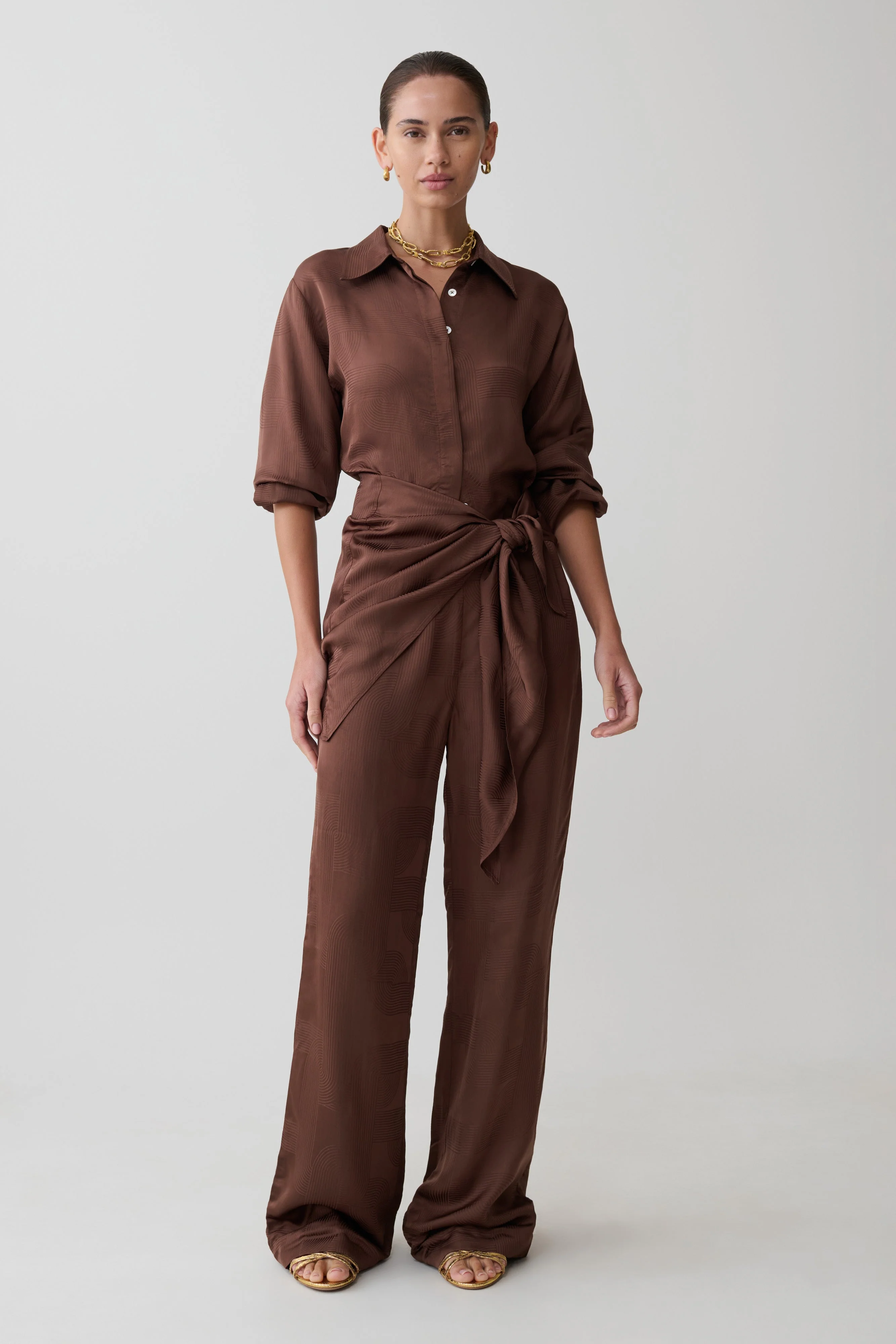Gia Wrapped Tie Satin Pants - Chocolate - Image 5