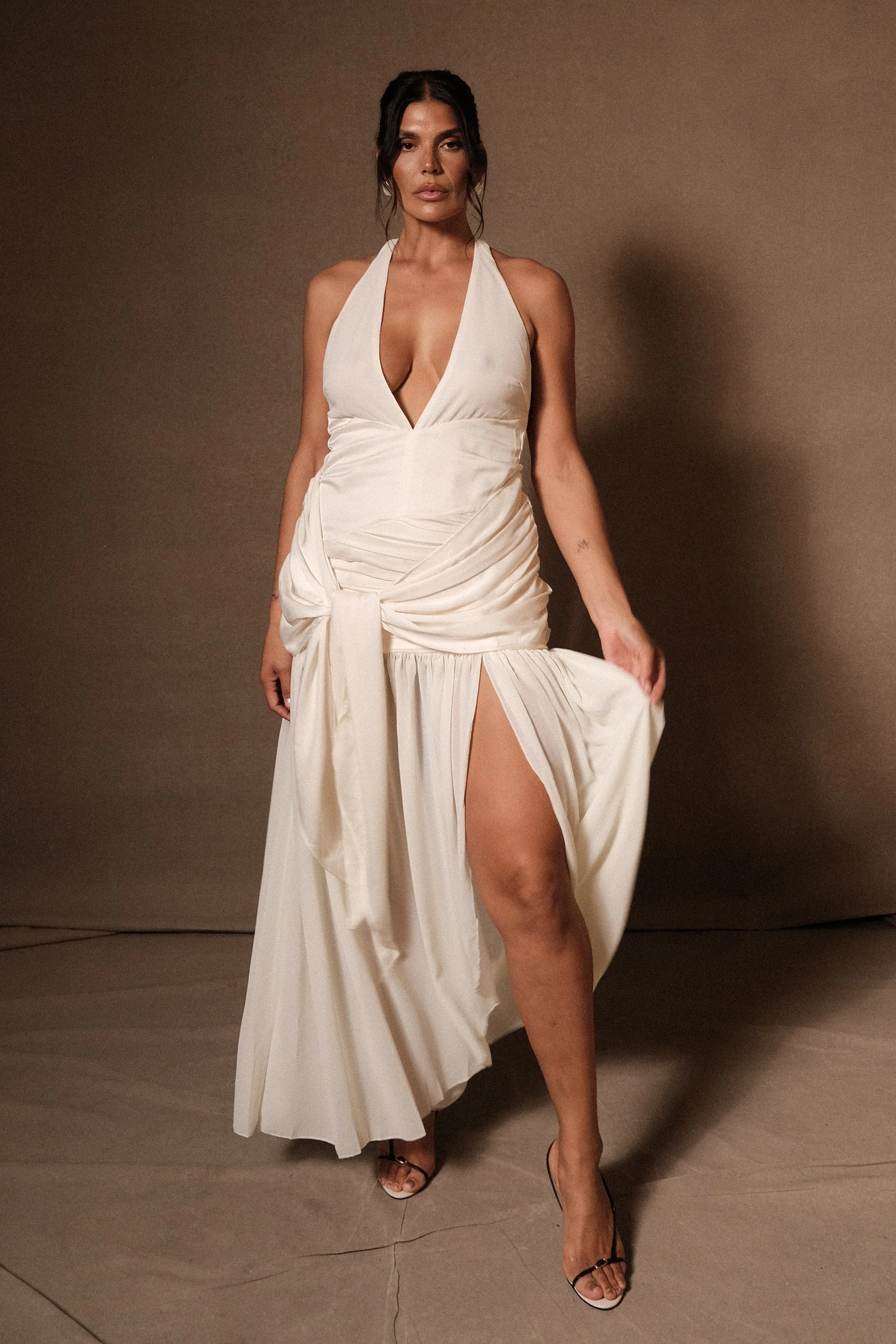 Graziana Satin Chiffon Plunge Maxi Dress - Ivory - Image 4