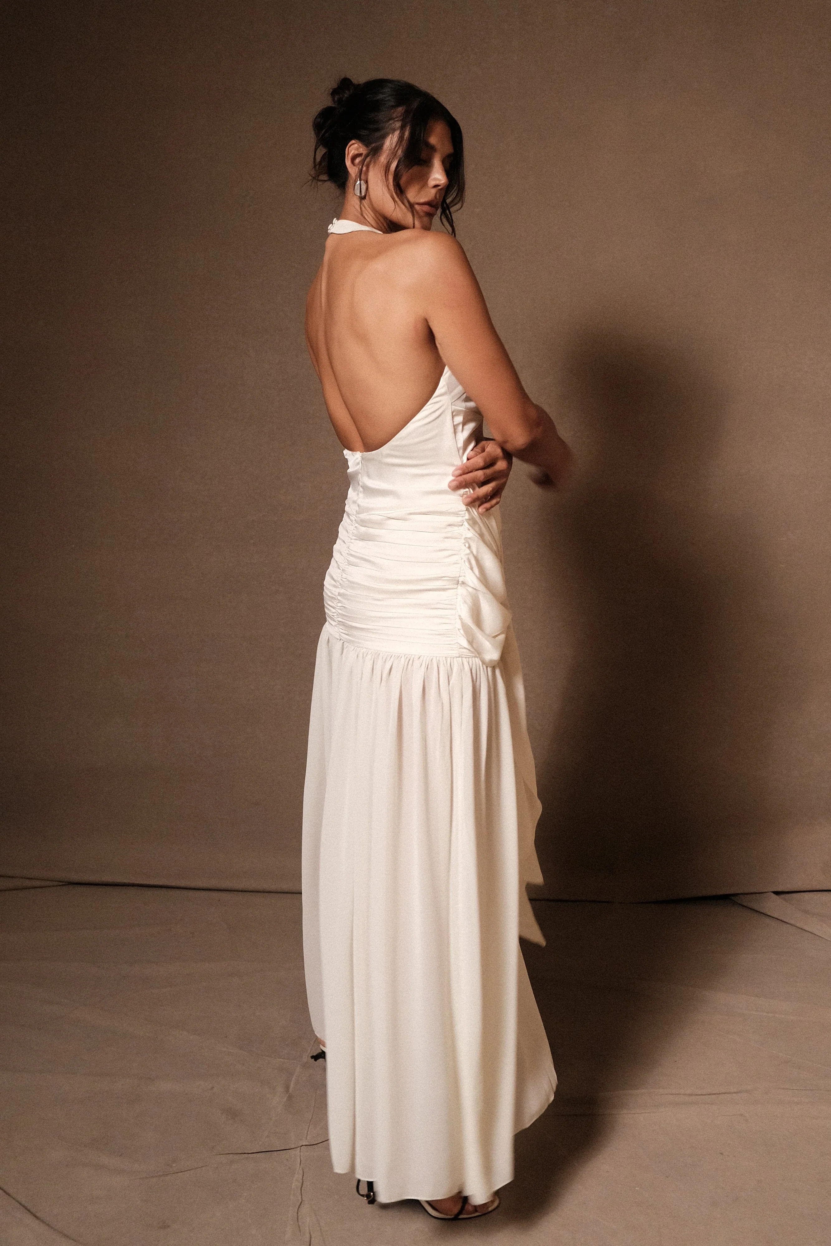 Graziana Satin Chiffon Plunge Maxi Dress - Ivory - Image 5