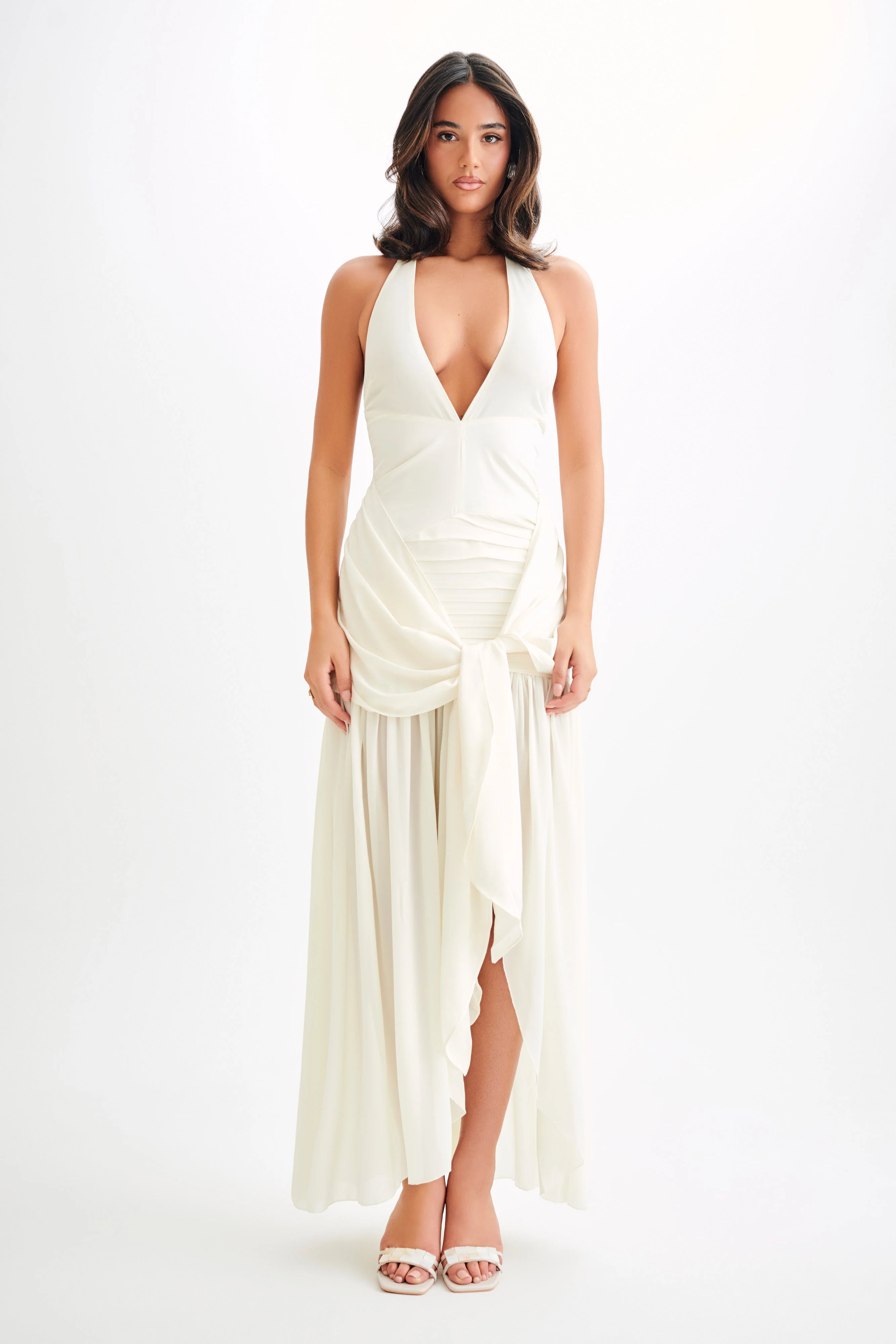Graziana Satin Chiffon Plunge Maxi Dress - Ivory - Image 7