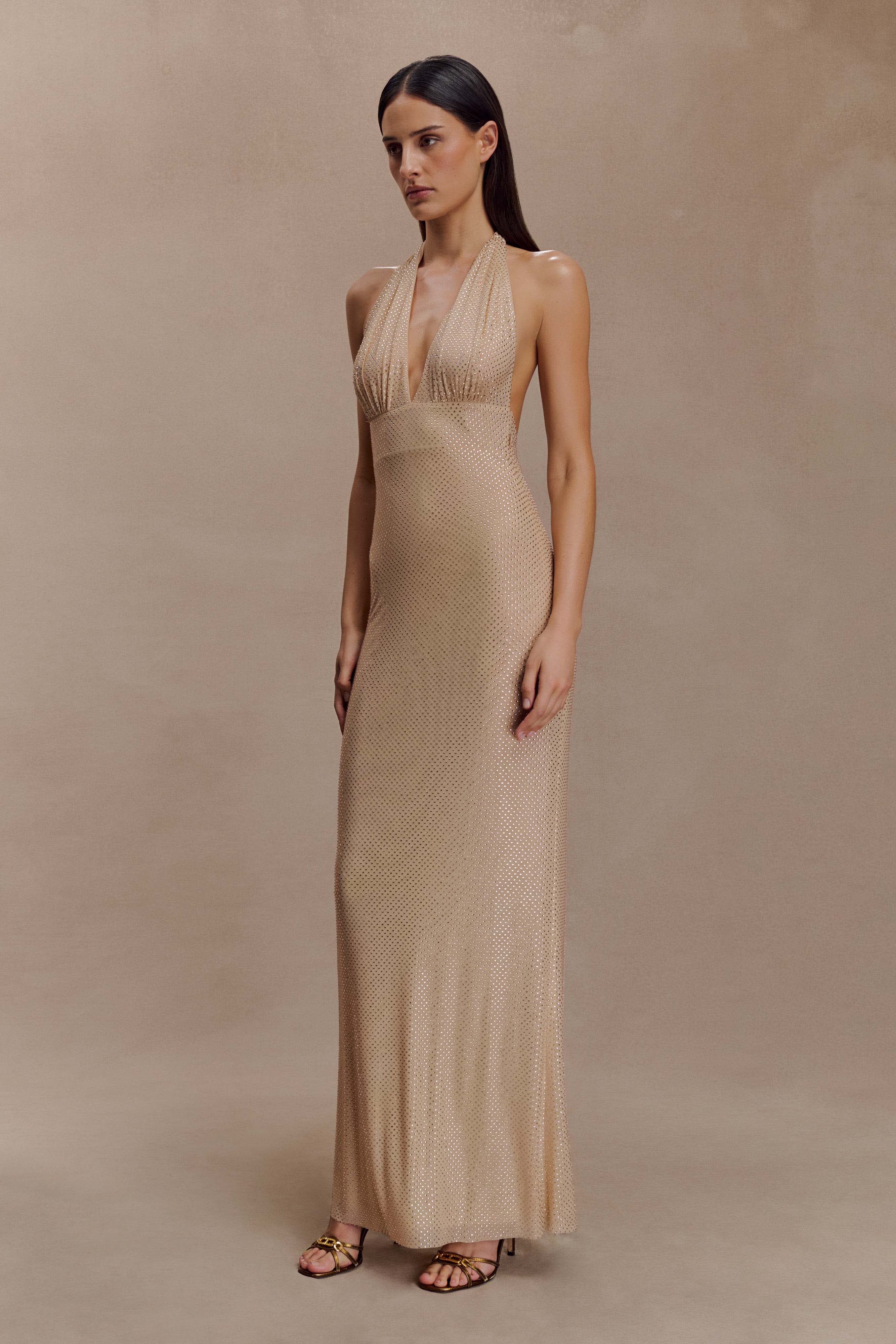 Harriet Halter Neck Diamante Maxi Dress - Sandy Gold - Image 7