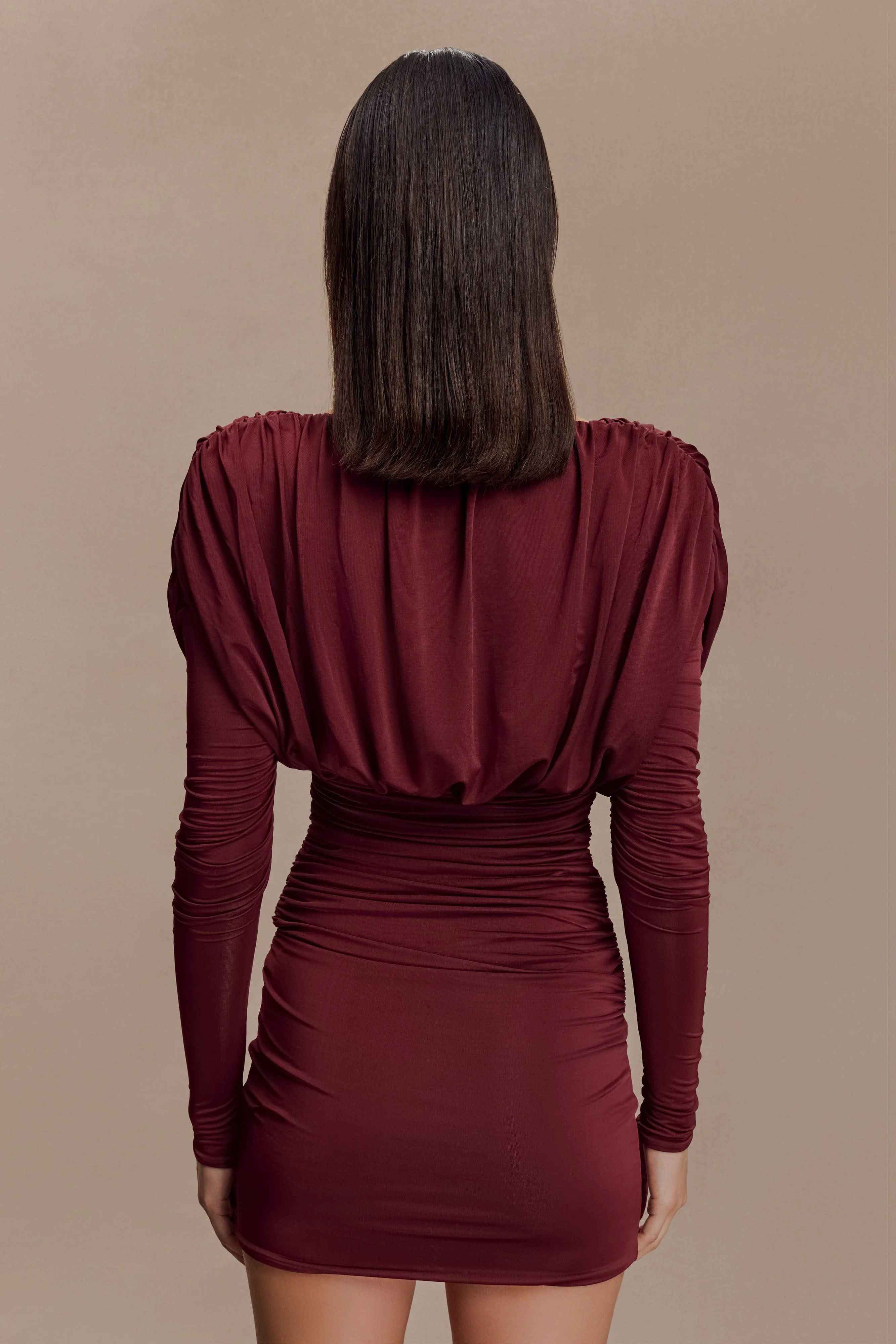 Hayden Long Sleeve Plunge Mini Dress - Burgundy - Image 5