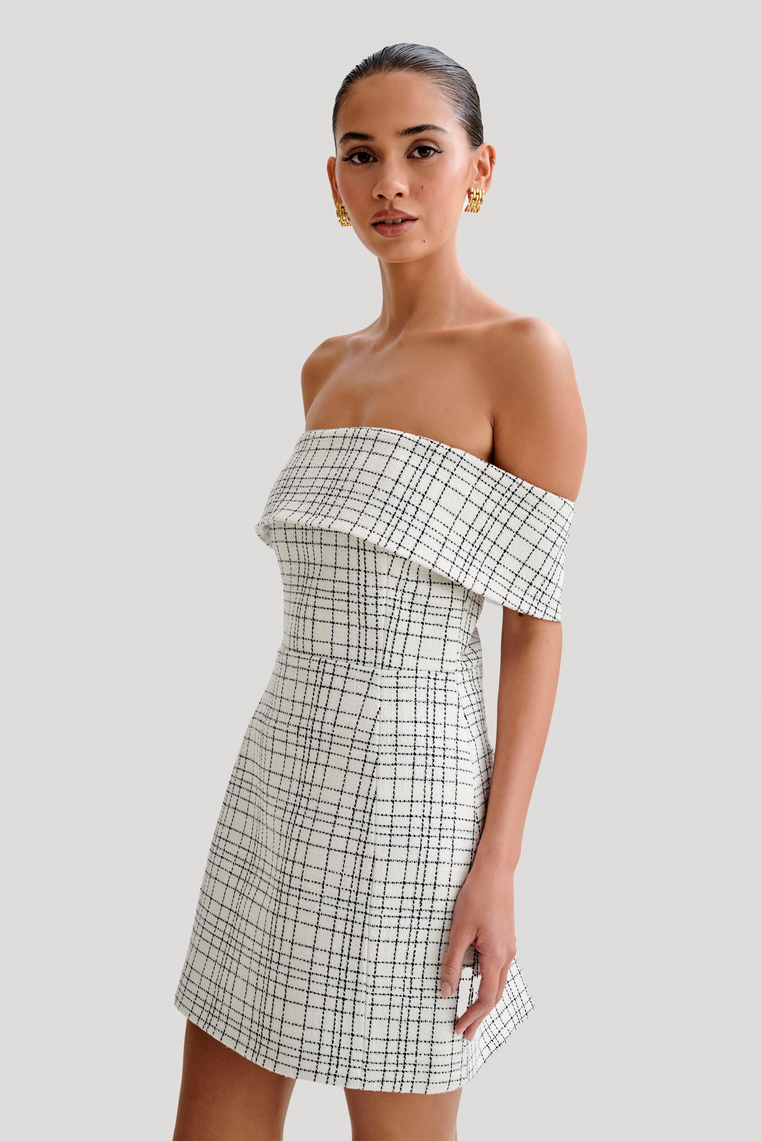 Helena Tweed Off Shoulder Mini Dress - White Check - Image 5