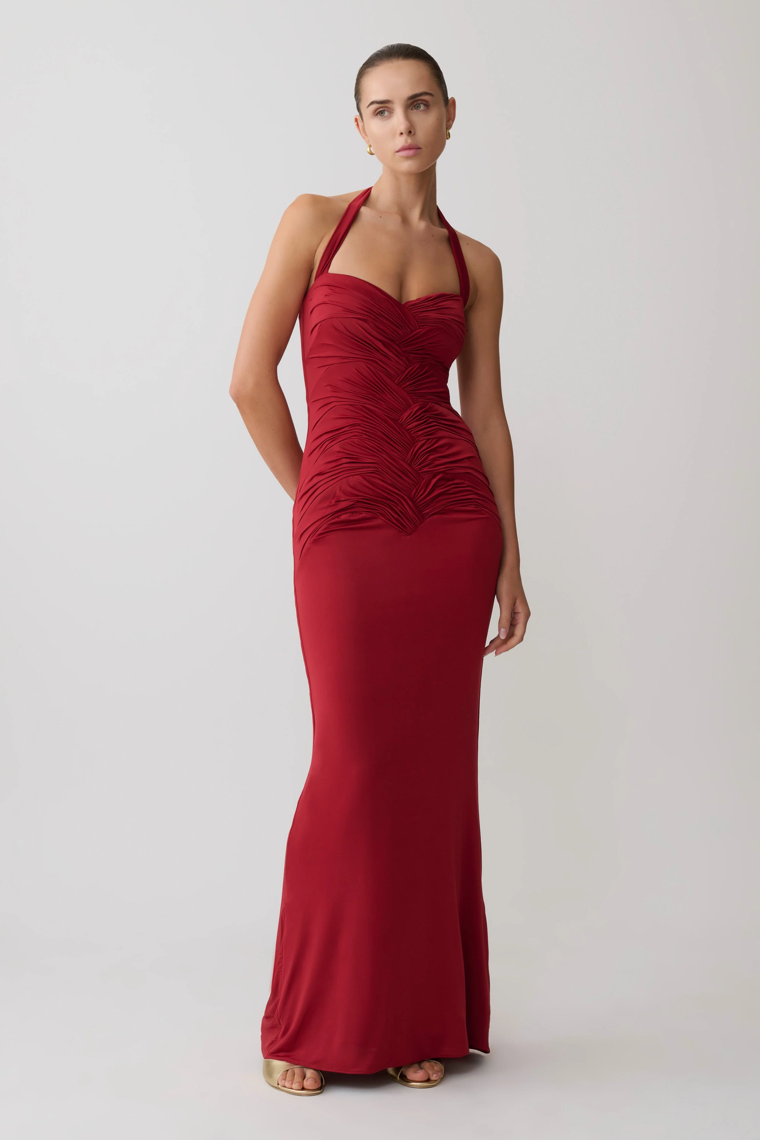 Hoai Gathered Slinky Halter Maxi Dress - Deep Red - Image 5