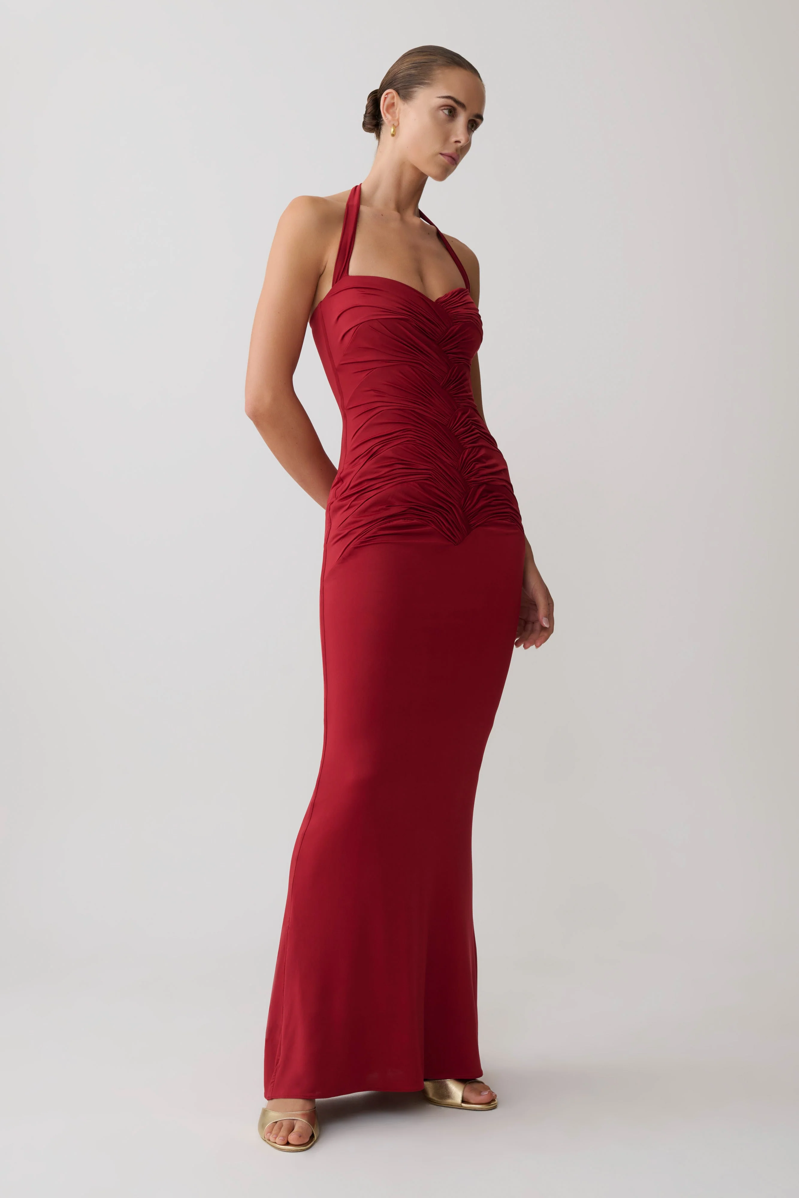 Hoai Gathered Slinky Halter Maxi Dress - Deep Red - Image 6