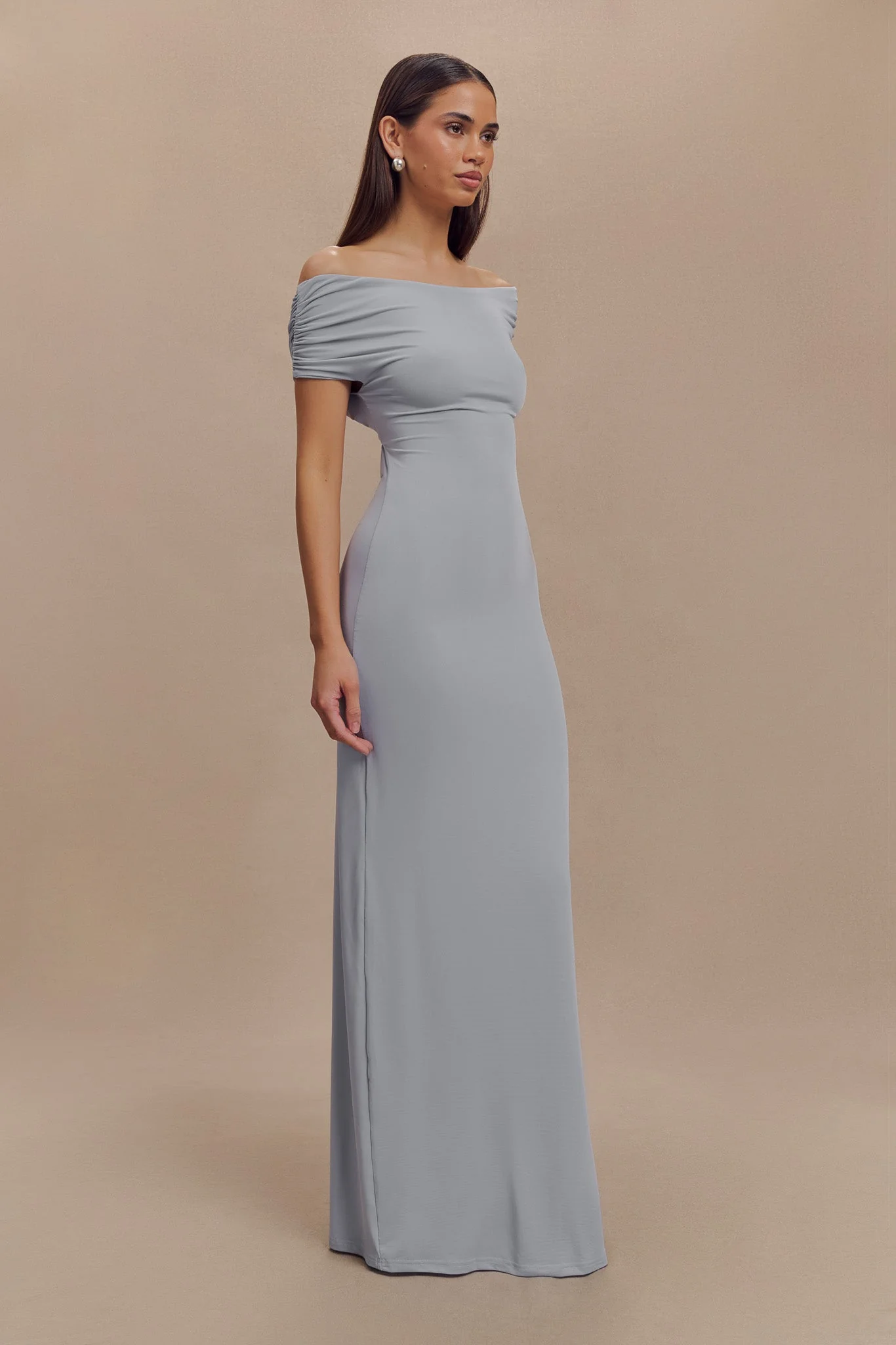 Imogen Off Shoulder Slinky Maxi Dress - Dusty Blue - Image 3