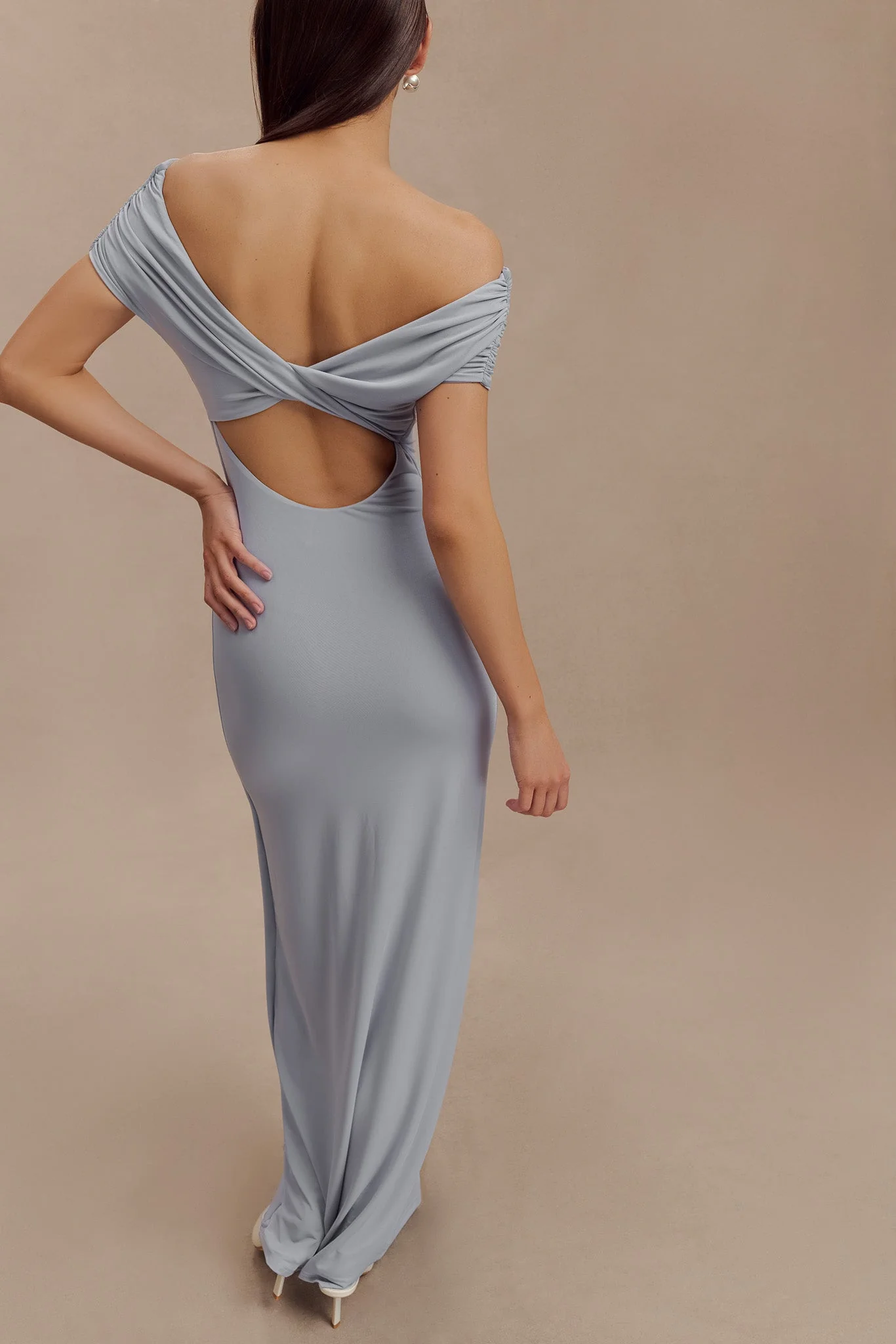 Imogen Off Shoulder Slinky Maxi Dress - Dusty Blue - Image 4
