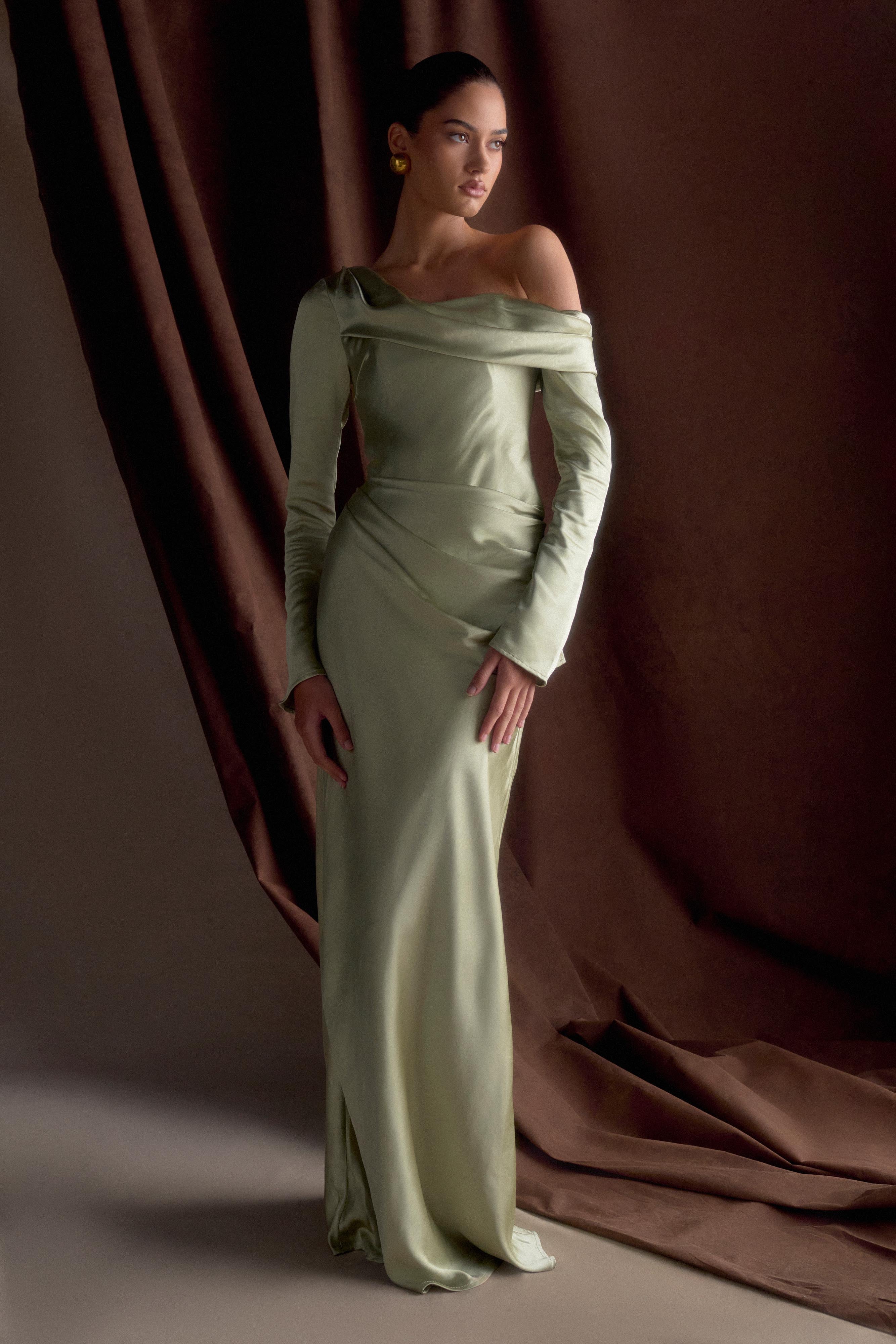 Iris Long Sleeve Satin Maxi Dress - Sage - Image 10