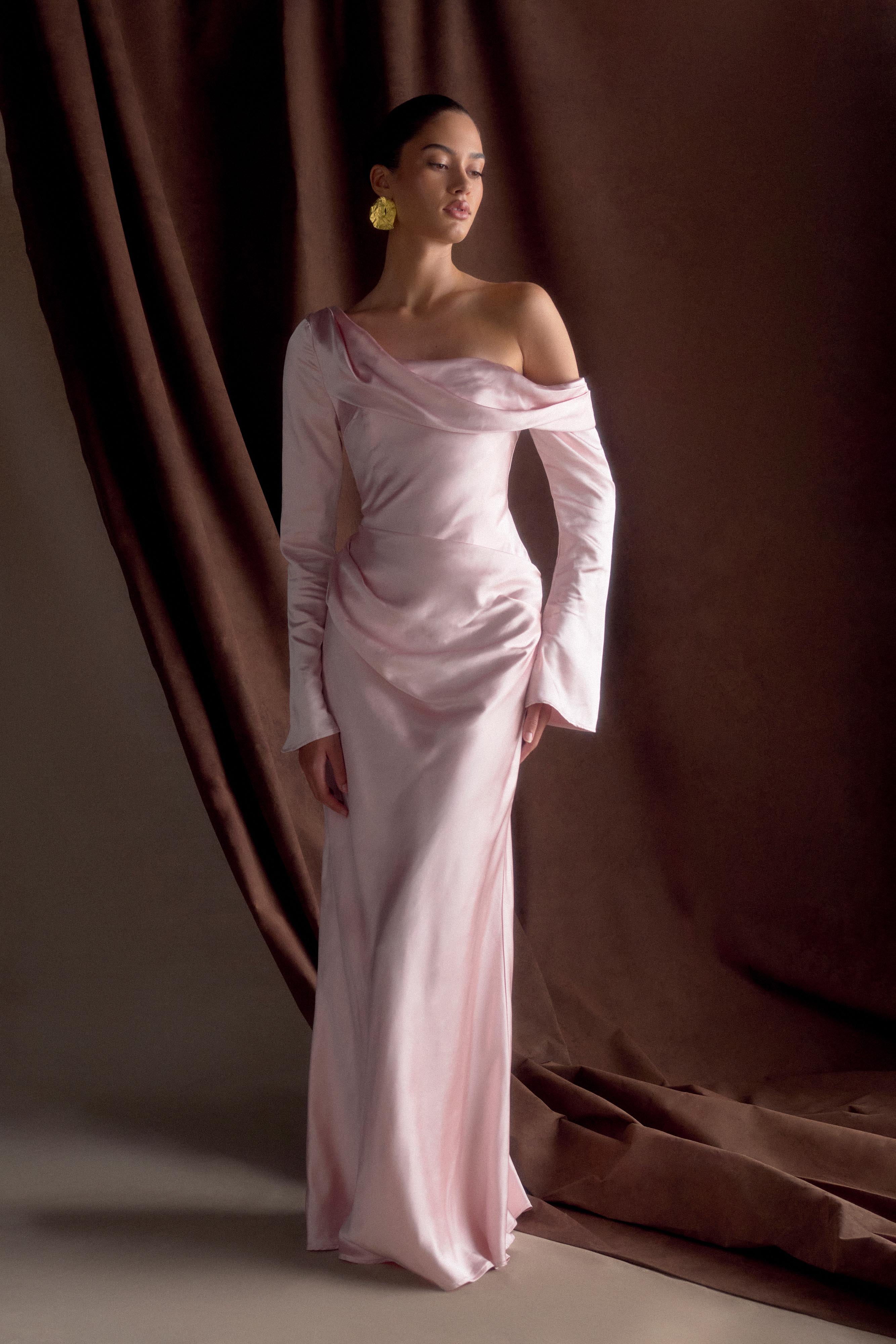 Iris Long Sleeve Satin Maxi Dress - Soft Pink - Image 9