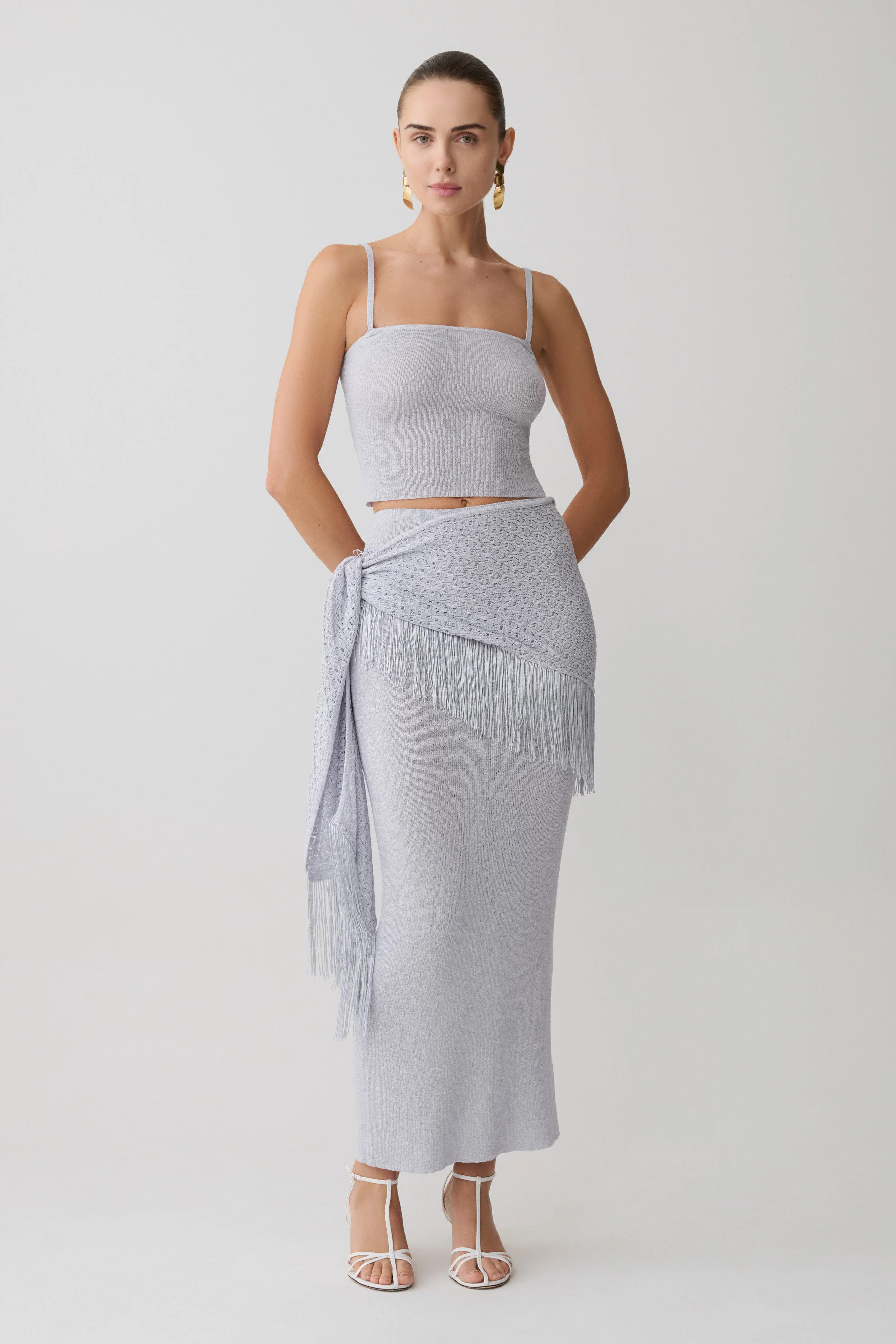 Jaytee Knit Maxi Skirt With Fringe Tie - Sky Blue