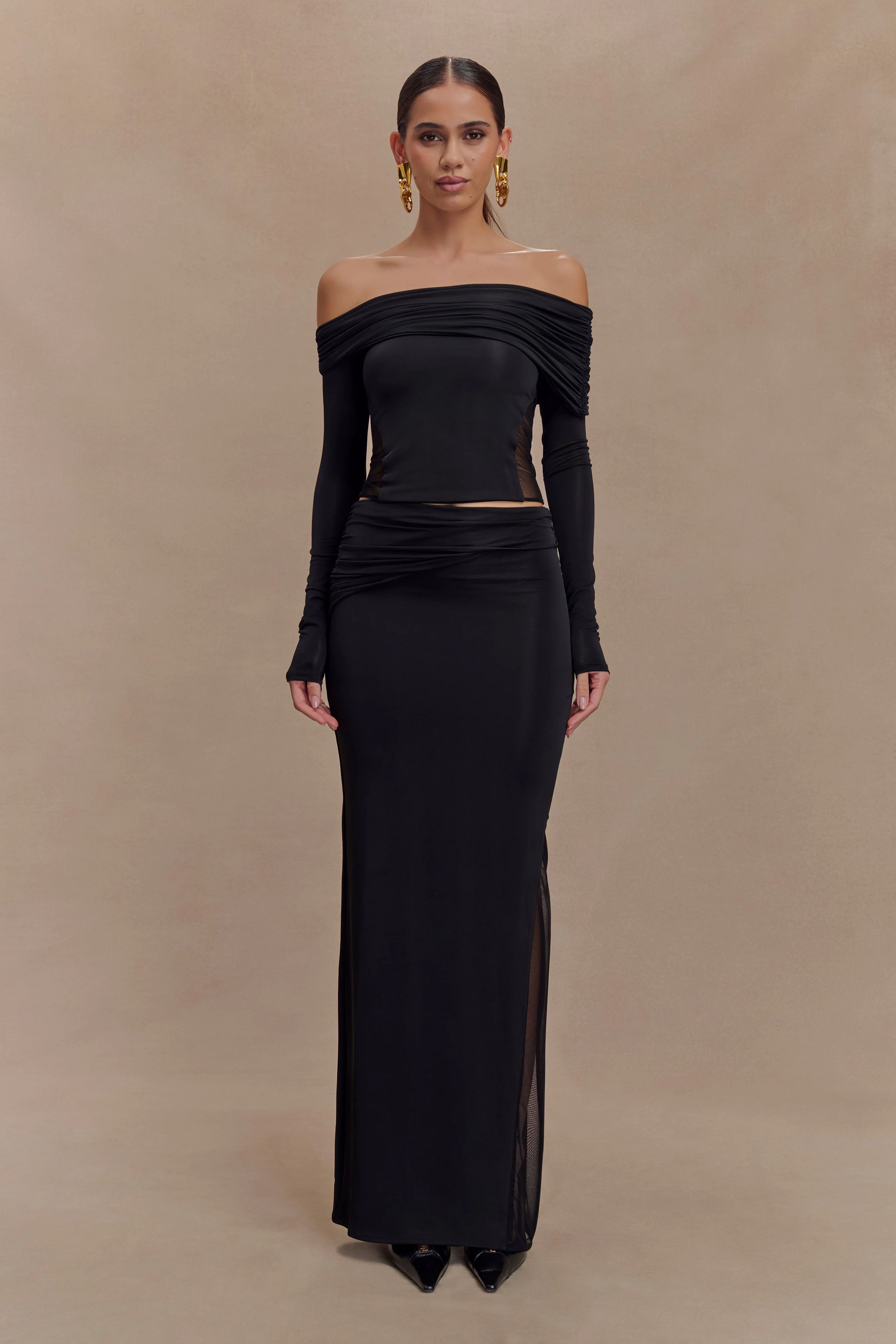 Judy Slinky And Mesh Off Shoulder Top - Black - Image 5
