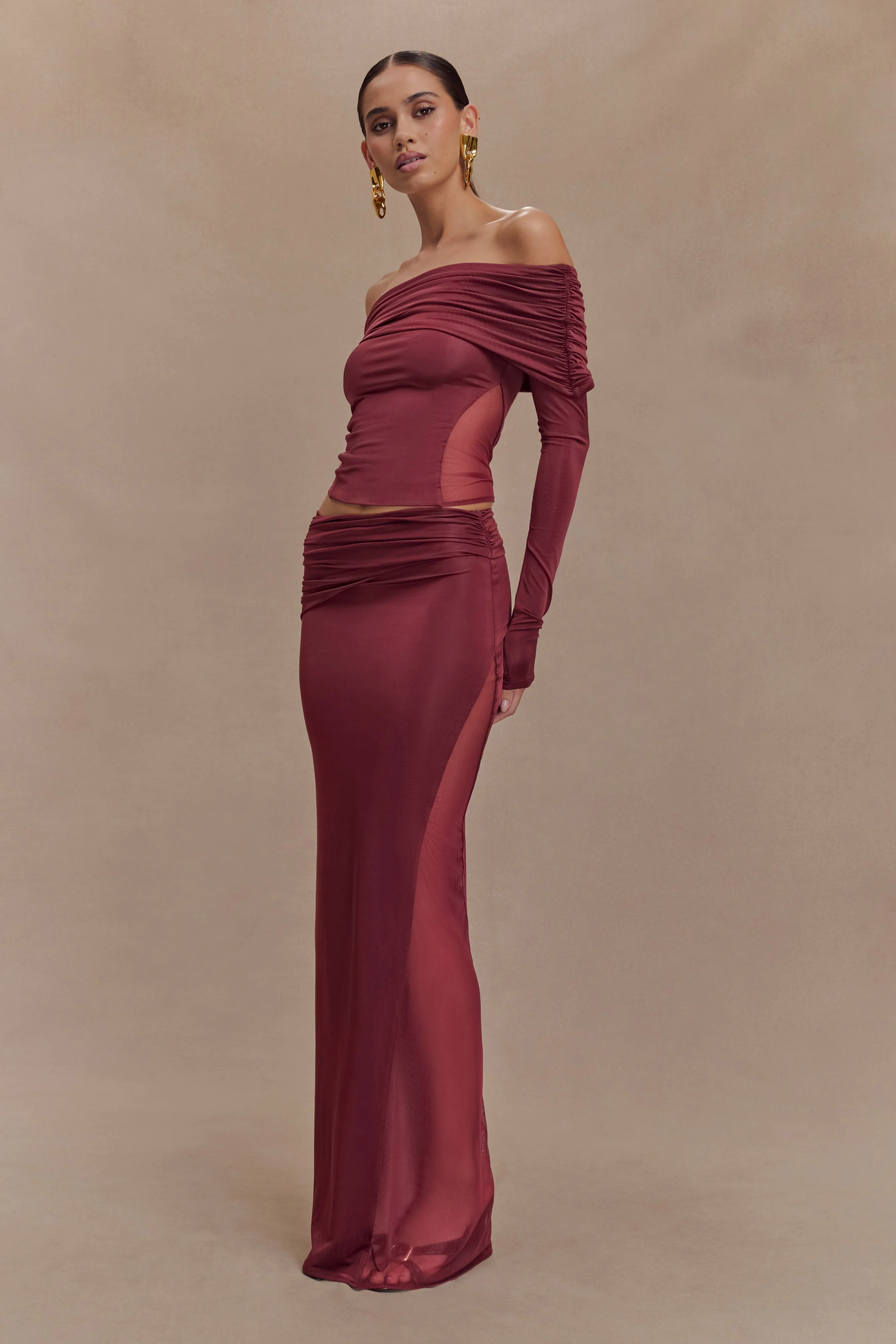 Judy Slinky And Mesh Off Shoulder Top - Wine - Image 2