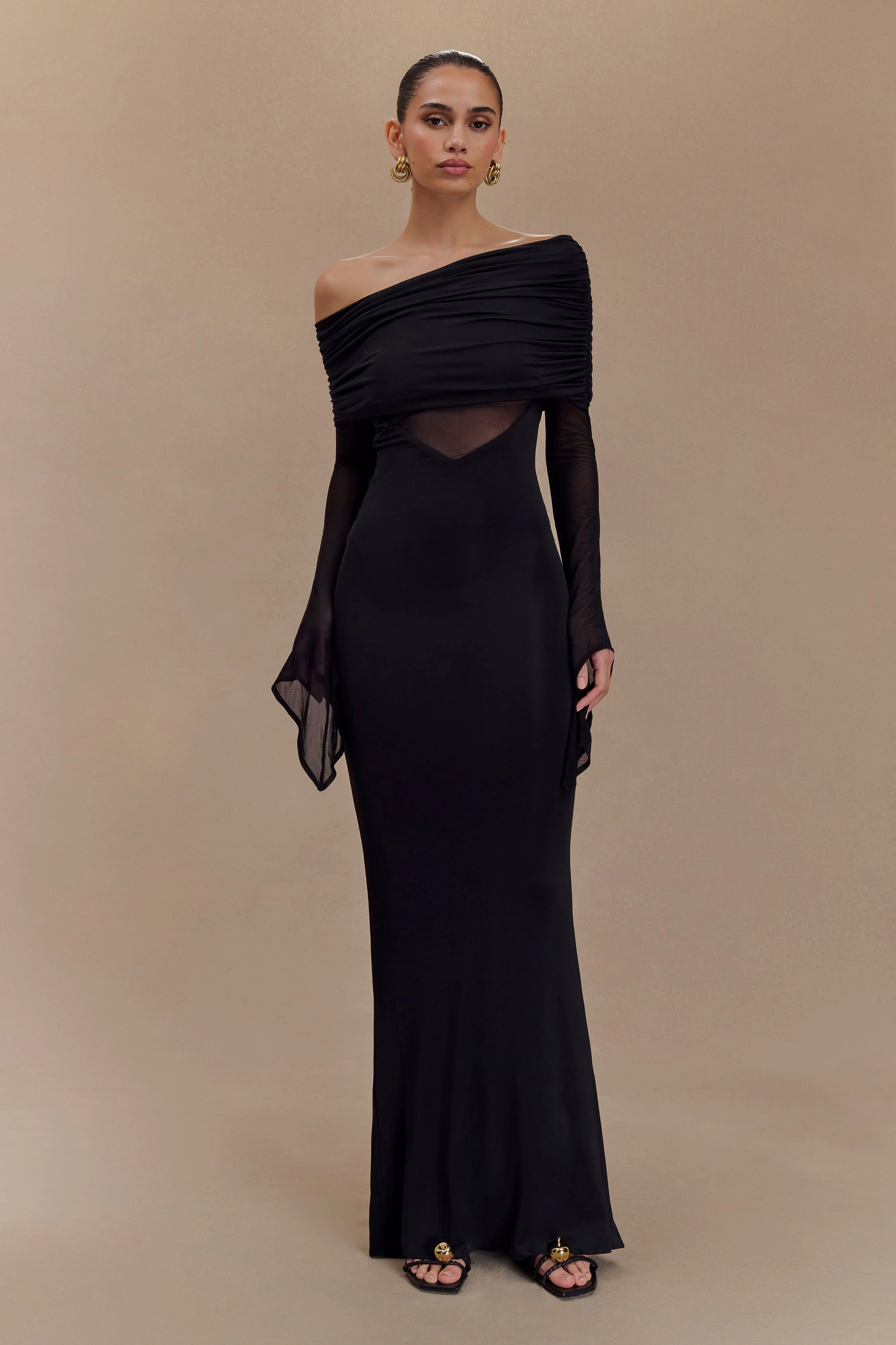 Kaitlin One Shoulder Slinky And Mesh Maxi Dress - Black - Image 5