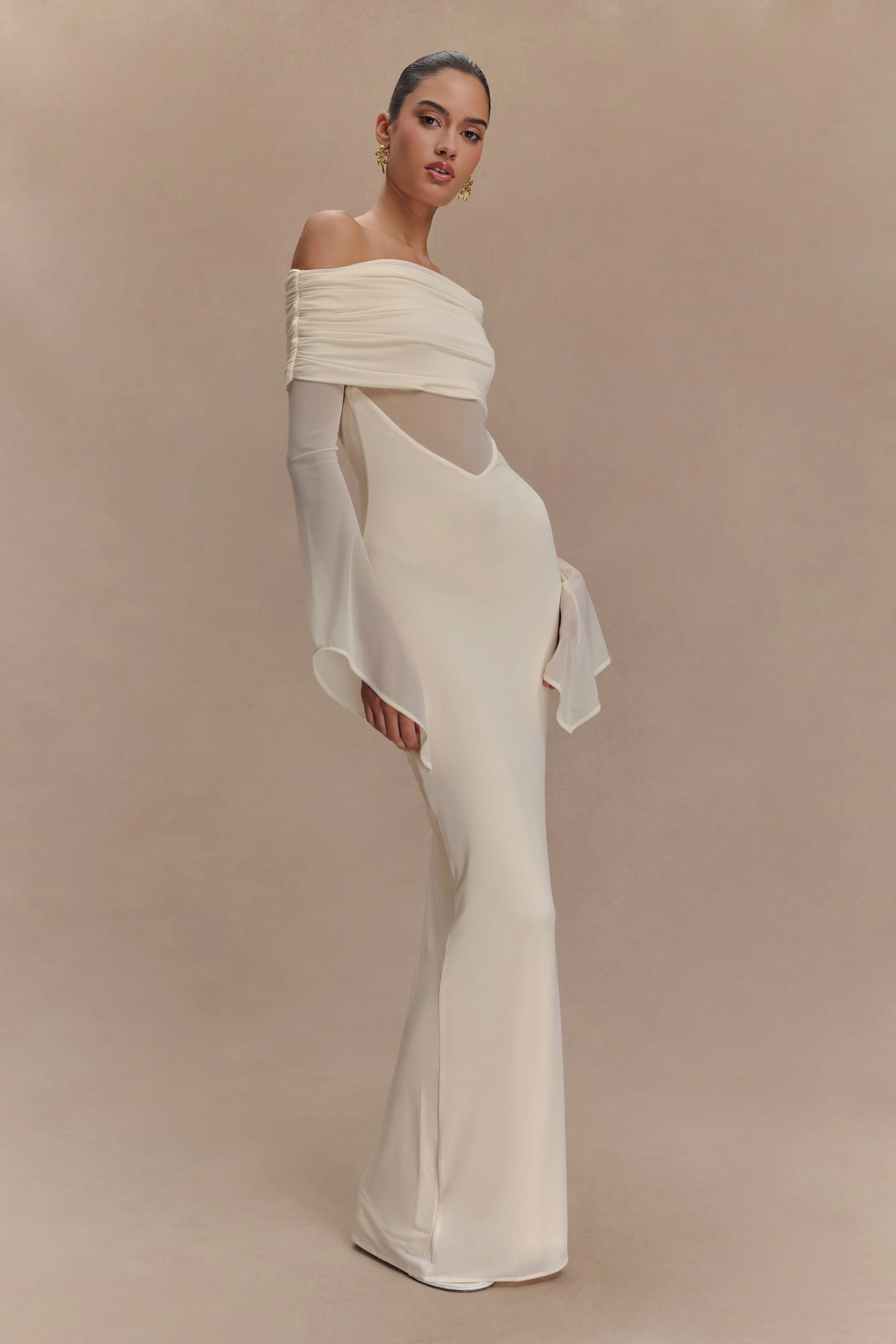 Kaitlin One Shoulder Slinky And Mesh Maxi Dress - Ivory - Image 5