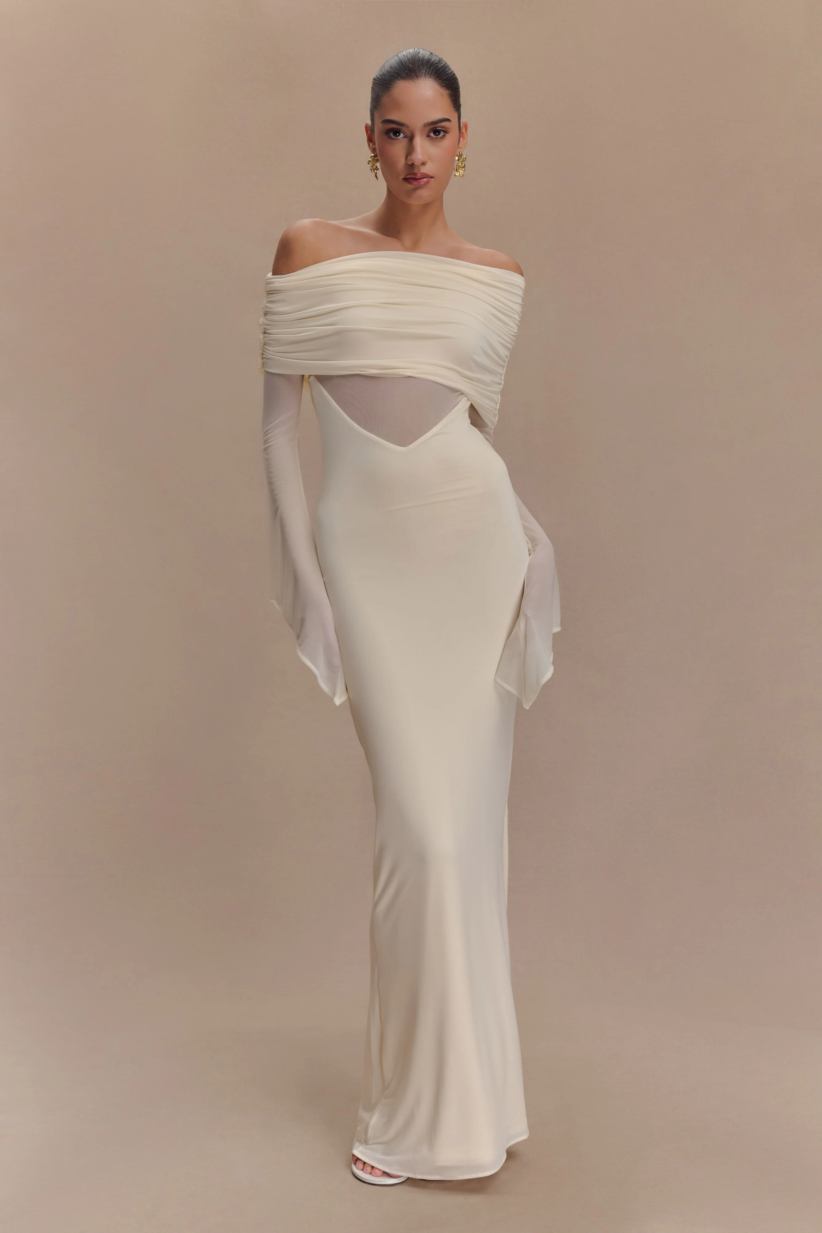 Kaitlin One Shoulder Slinky And Mesh Maxi Dress - Ivory - Image 6
