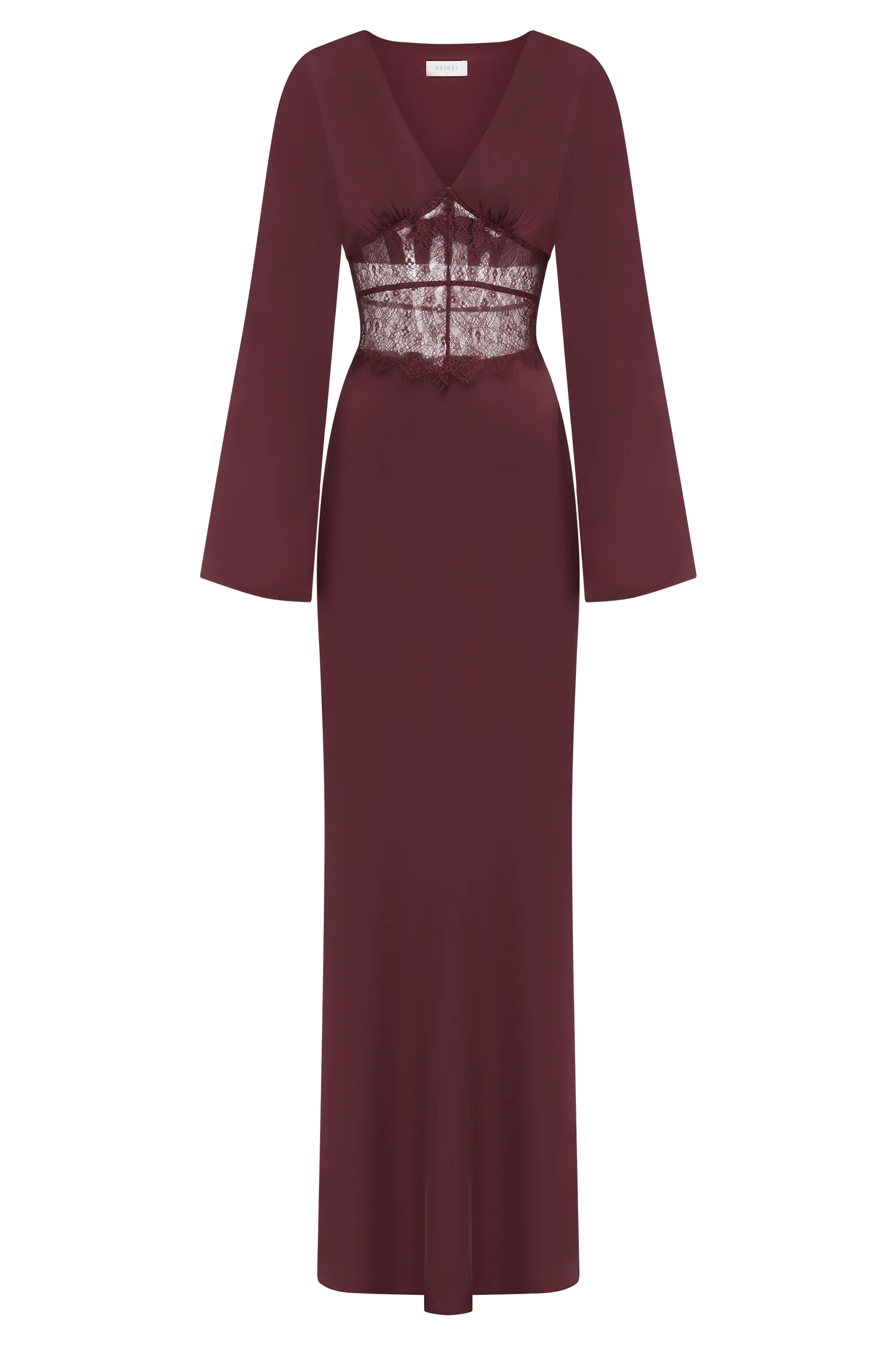 Kaya Long Sleeve Satin And Mesh Maxi Dress - Wine - Image 8