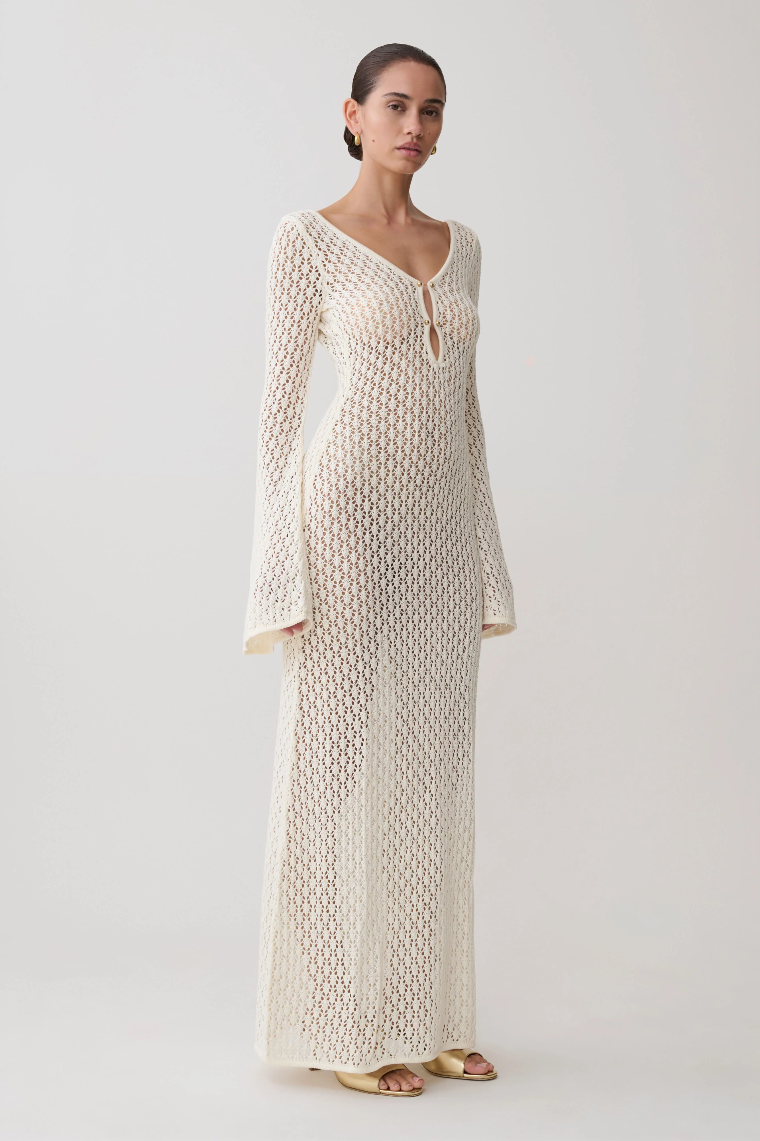 Kayleigh Crochet Fishtail Flare Sleeve Maxi Dress - White - Image 3