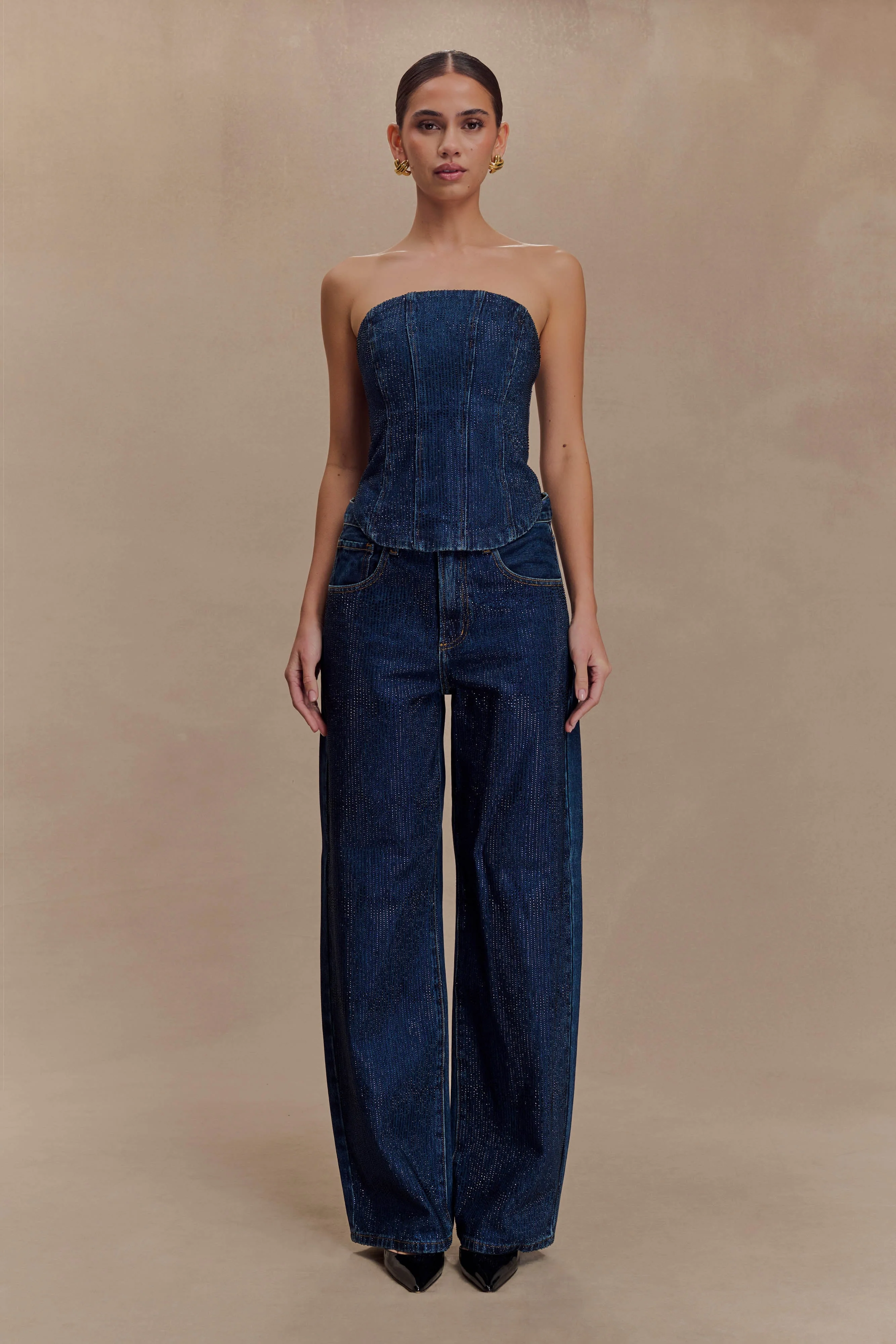Laina Mid Rise Diamante Denim Jeans - Midnight Blue - Image 3
