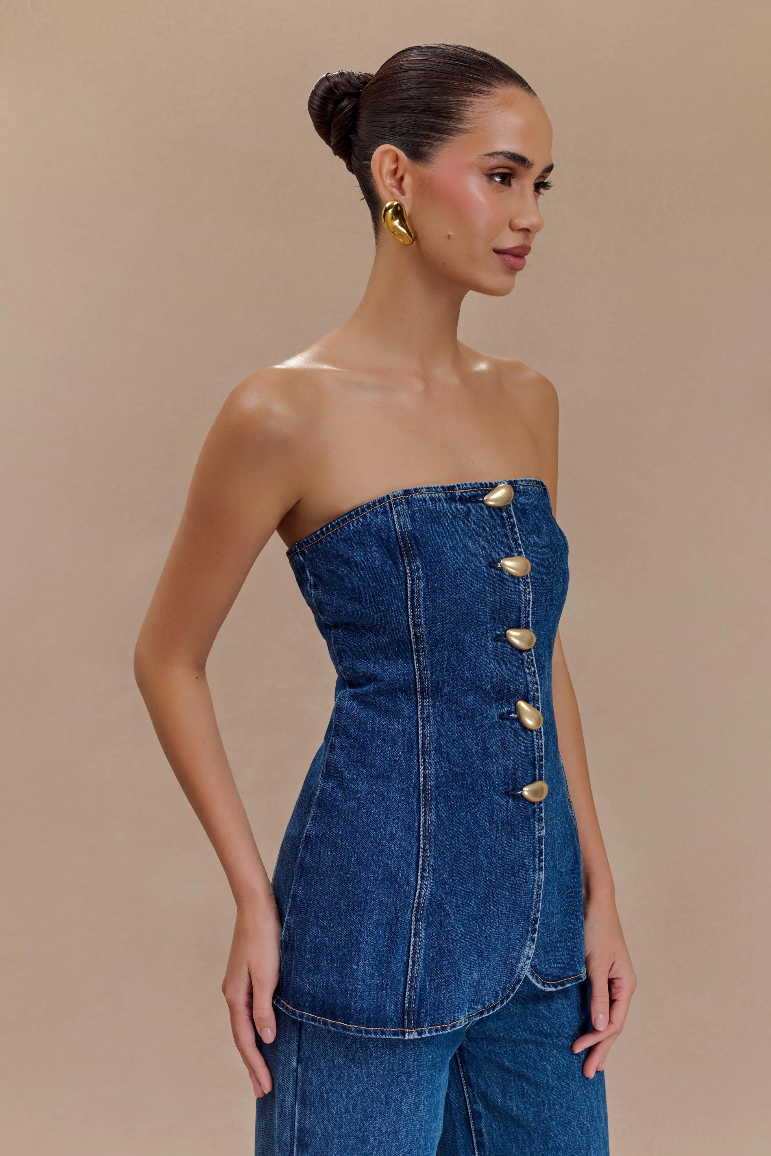 Lennox Strapless Long Line Button Top - Dark Blue - Image 2