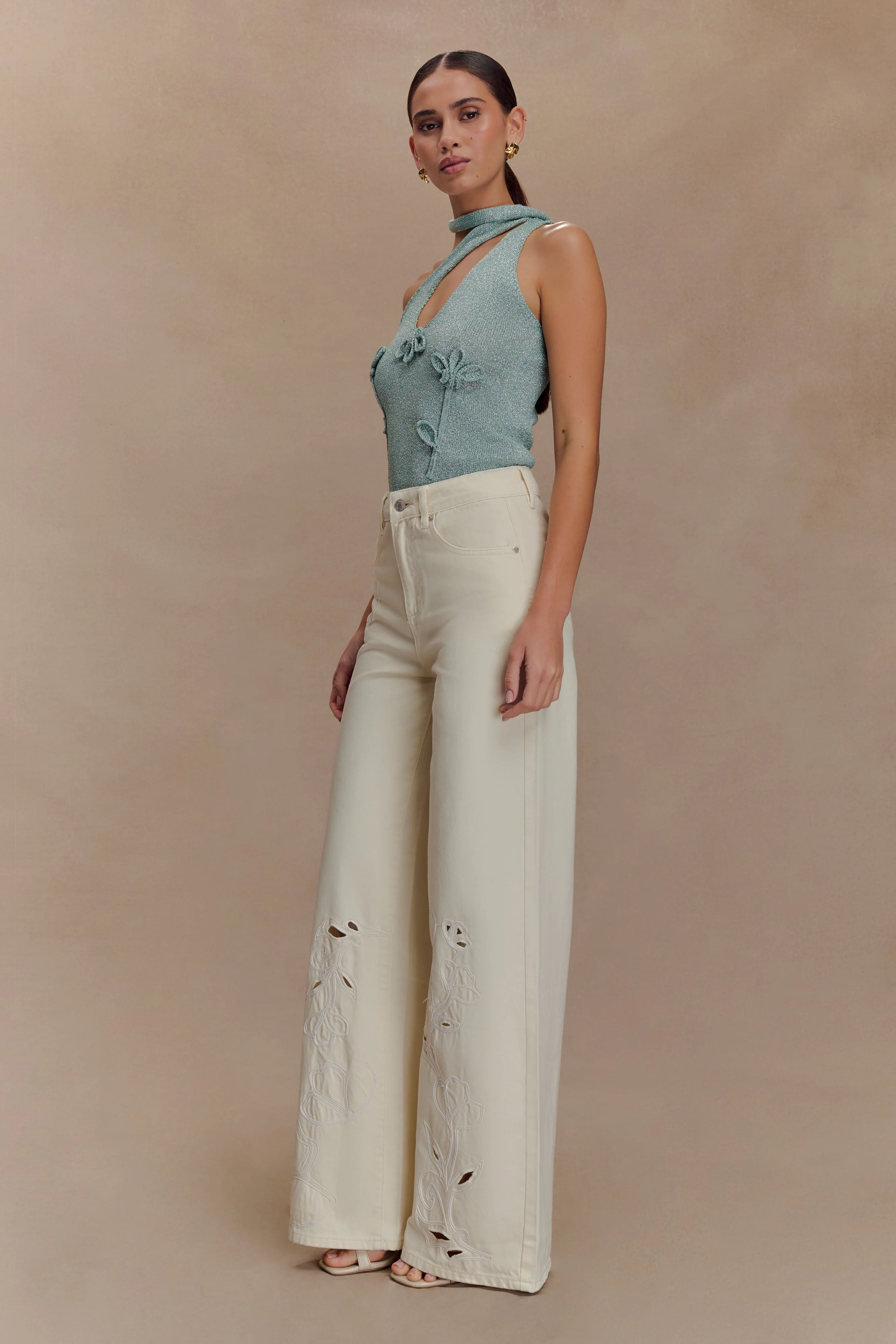 Leone One Shoulder Metallic Knit Top - Aqua - Image 4