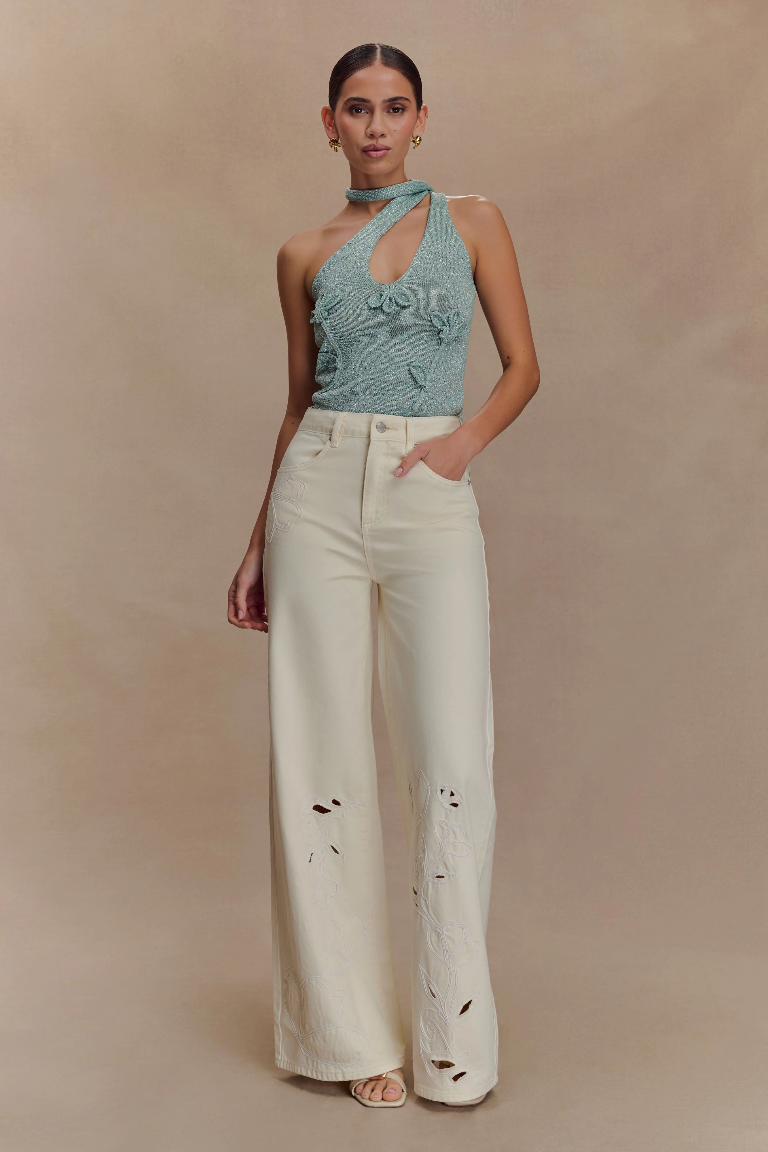 Leone One Shoulder Metallic Knit Top - Aqua - Image 6