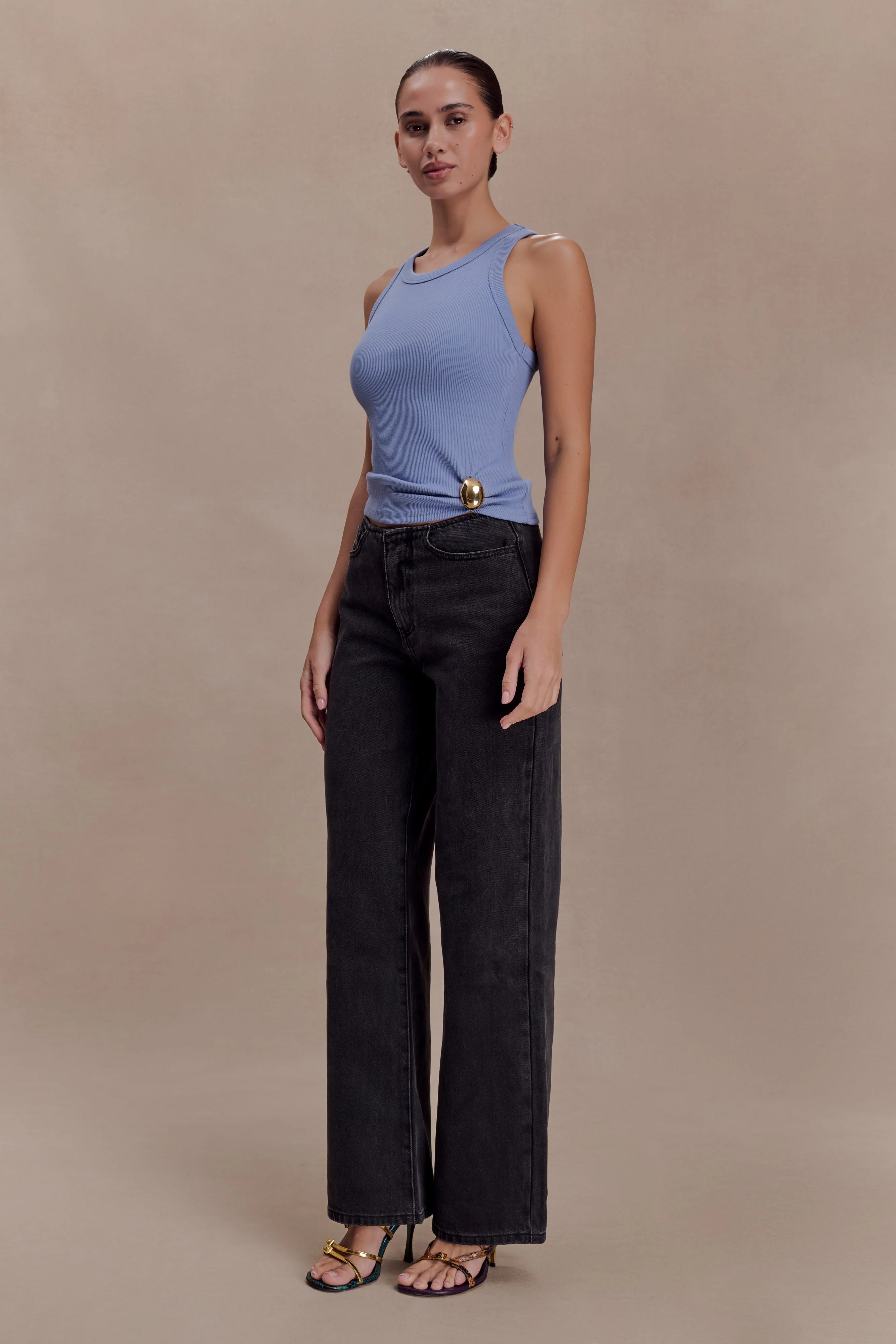 Lola Ribbed Sleeveless Top With Hardware - Cornflower Blue - Image 3