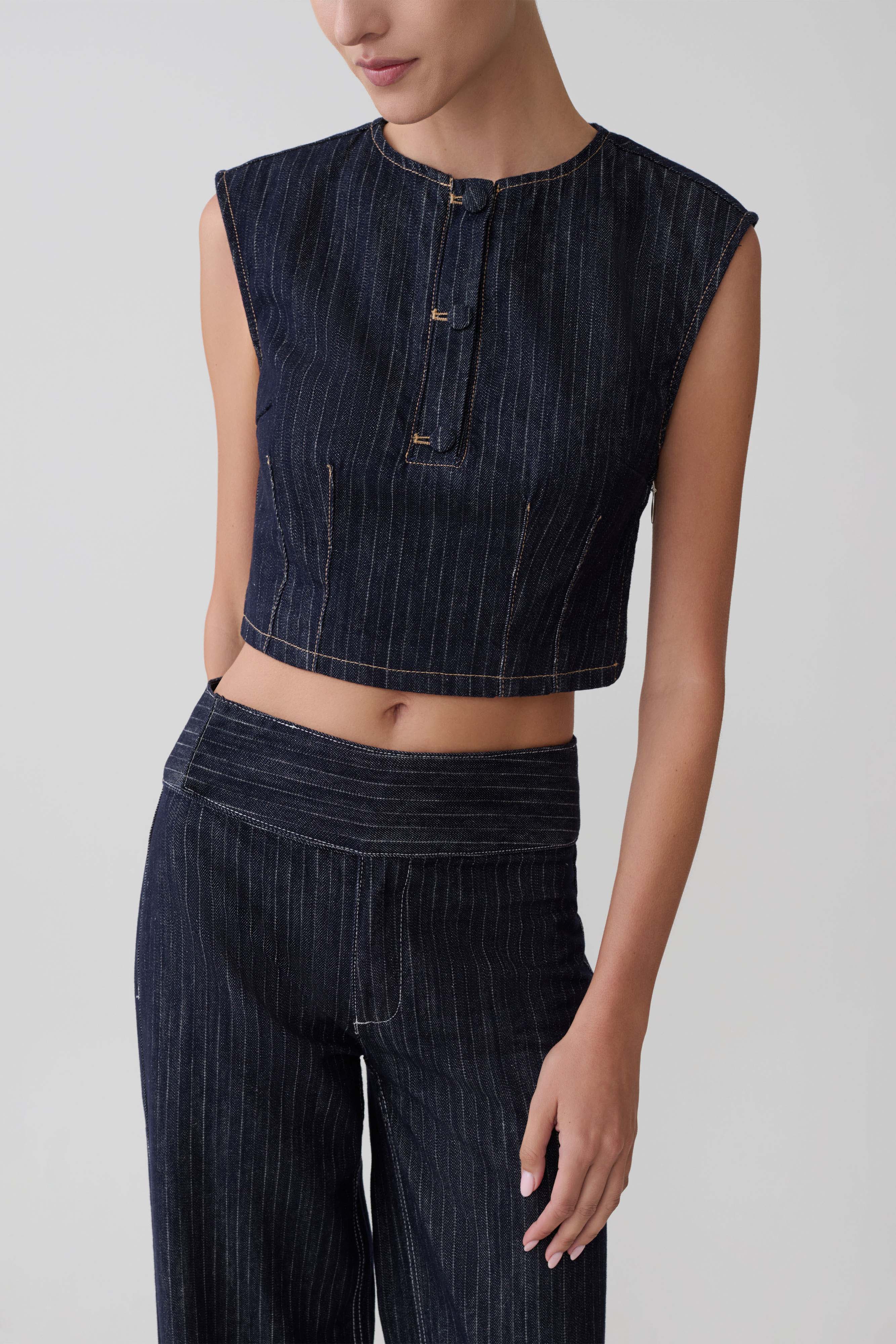 Loraine Sleeveless Denim Top - Indigo Pinstripe - Image 2