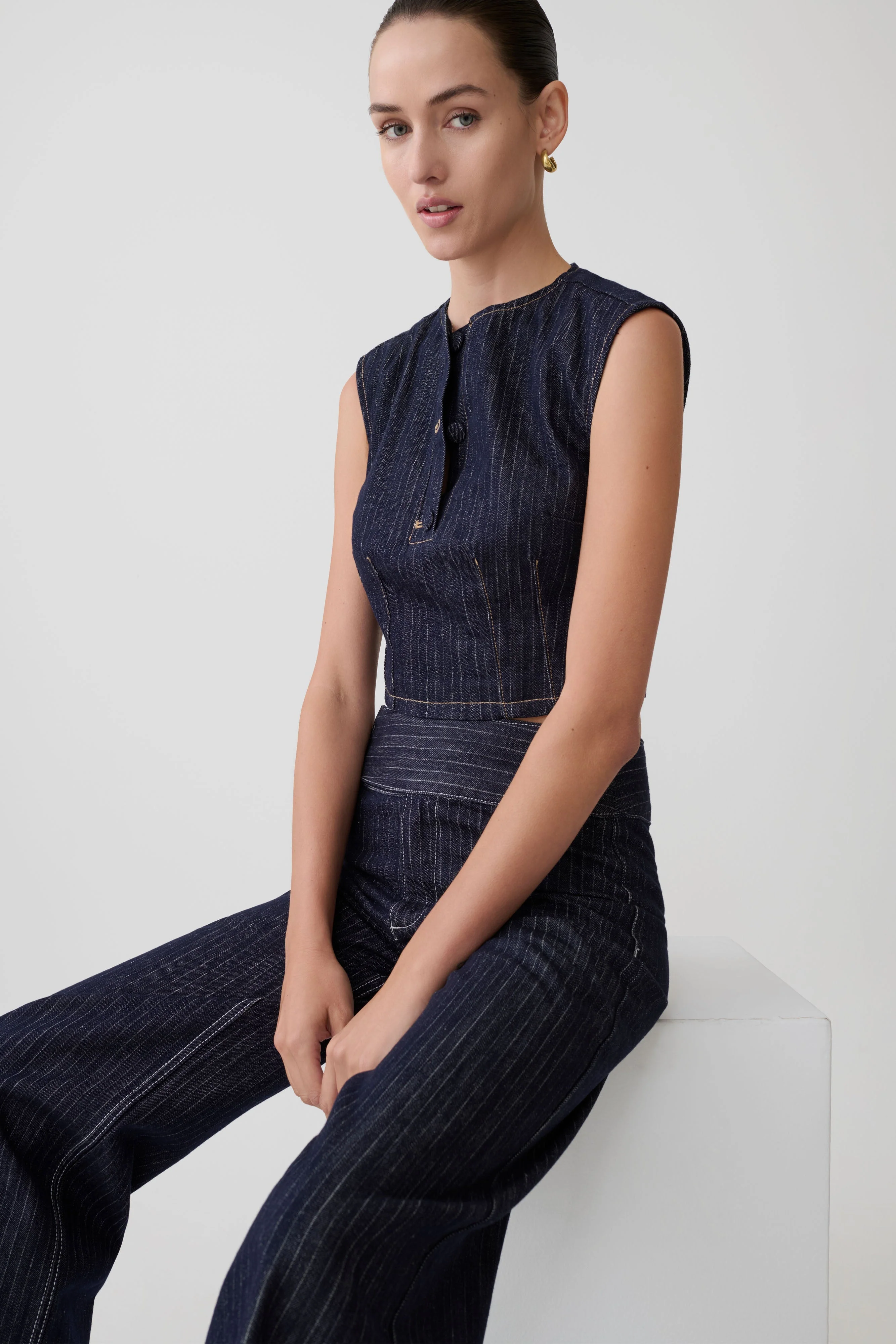 Loraine Sleeveless Denim Top - Indigo Pinstripe - Image 4