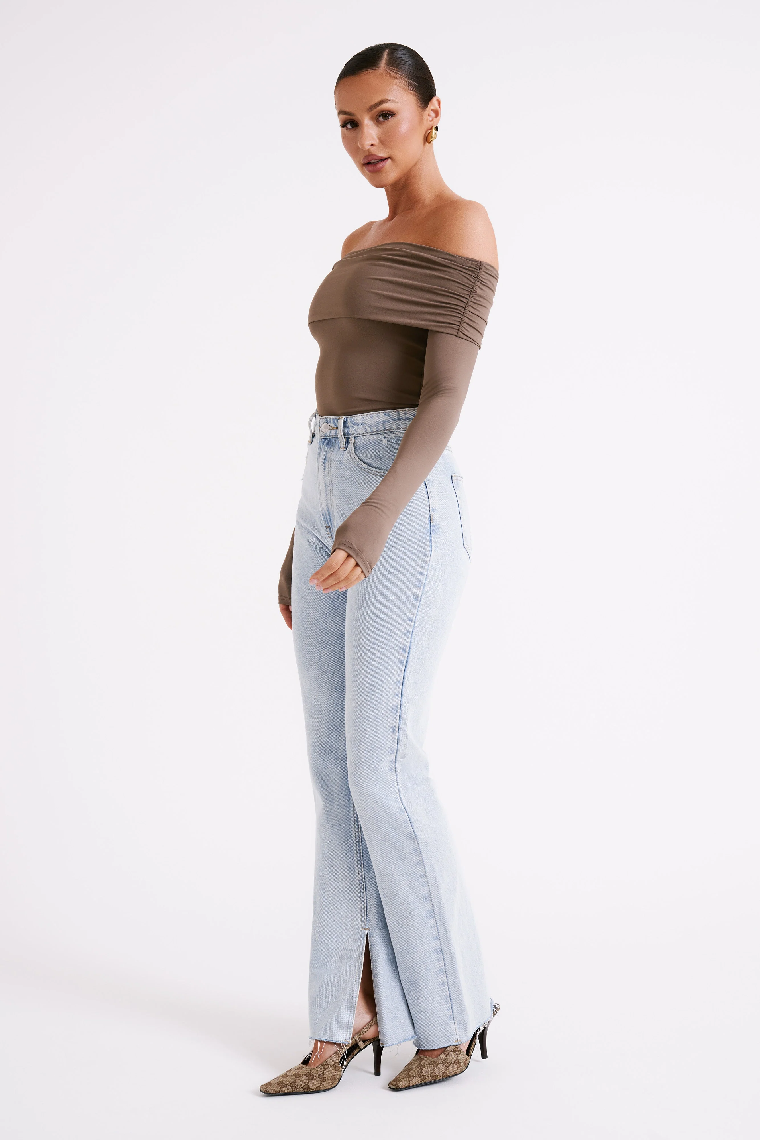 Lucinda Recycled Nylon Off Shoulder Top - Coco - Image 4