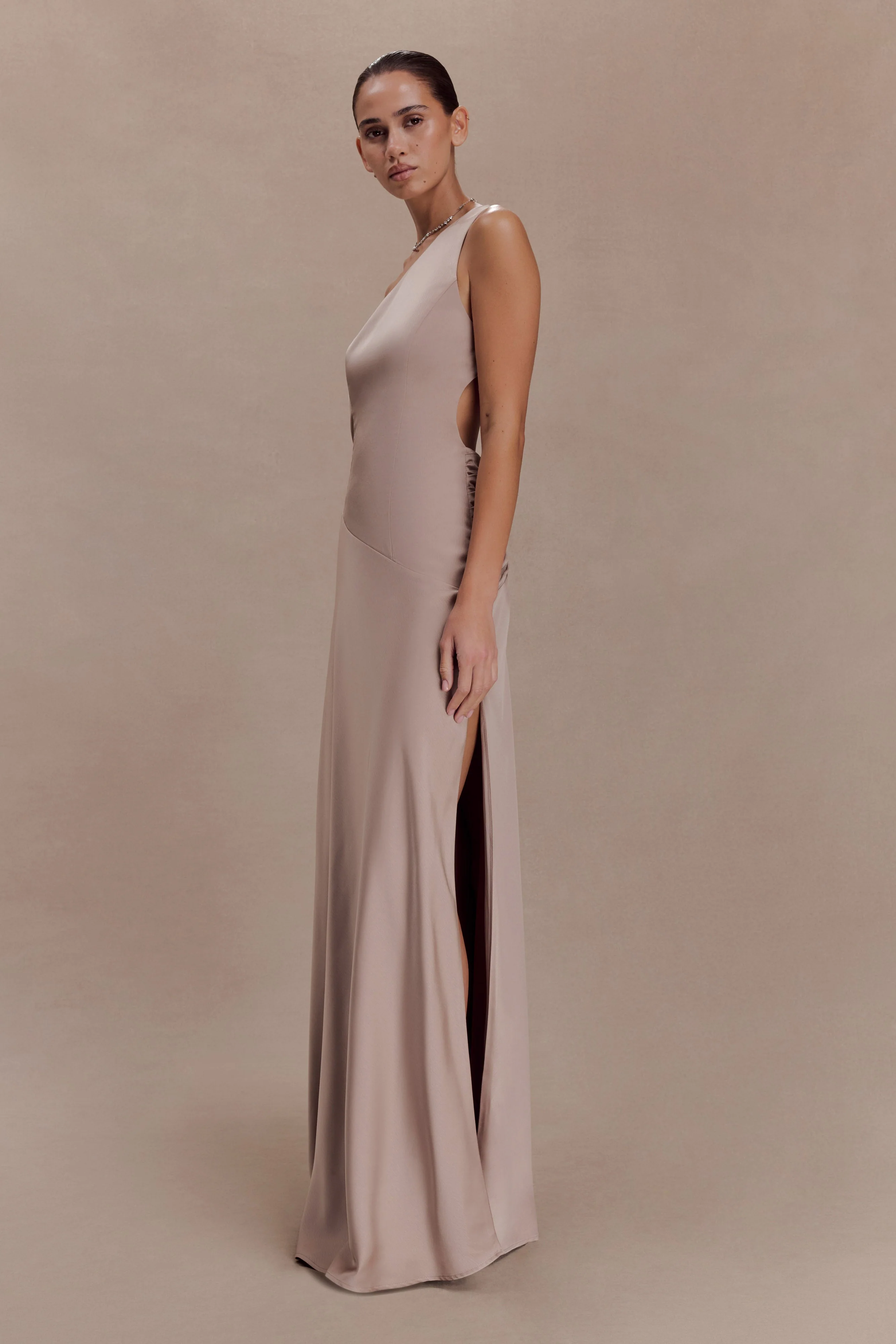 Lyla Asymmetrical Satin Maxi Dress - Bronze Taupe - Image 3