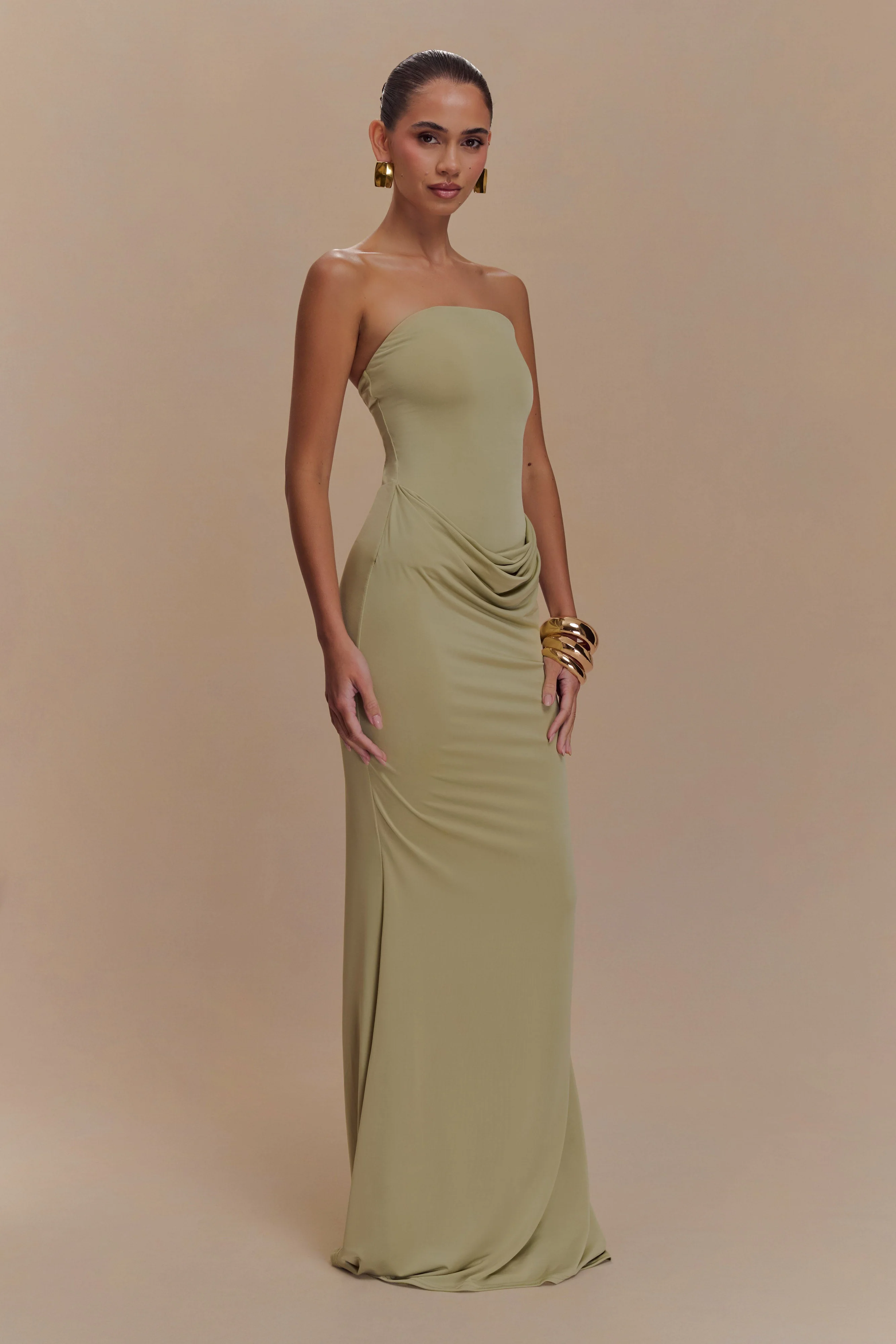 Madison Strapless Slinky Maxi Dress - Sage - Image 4