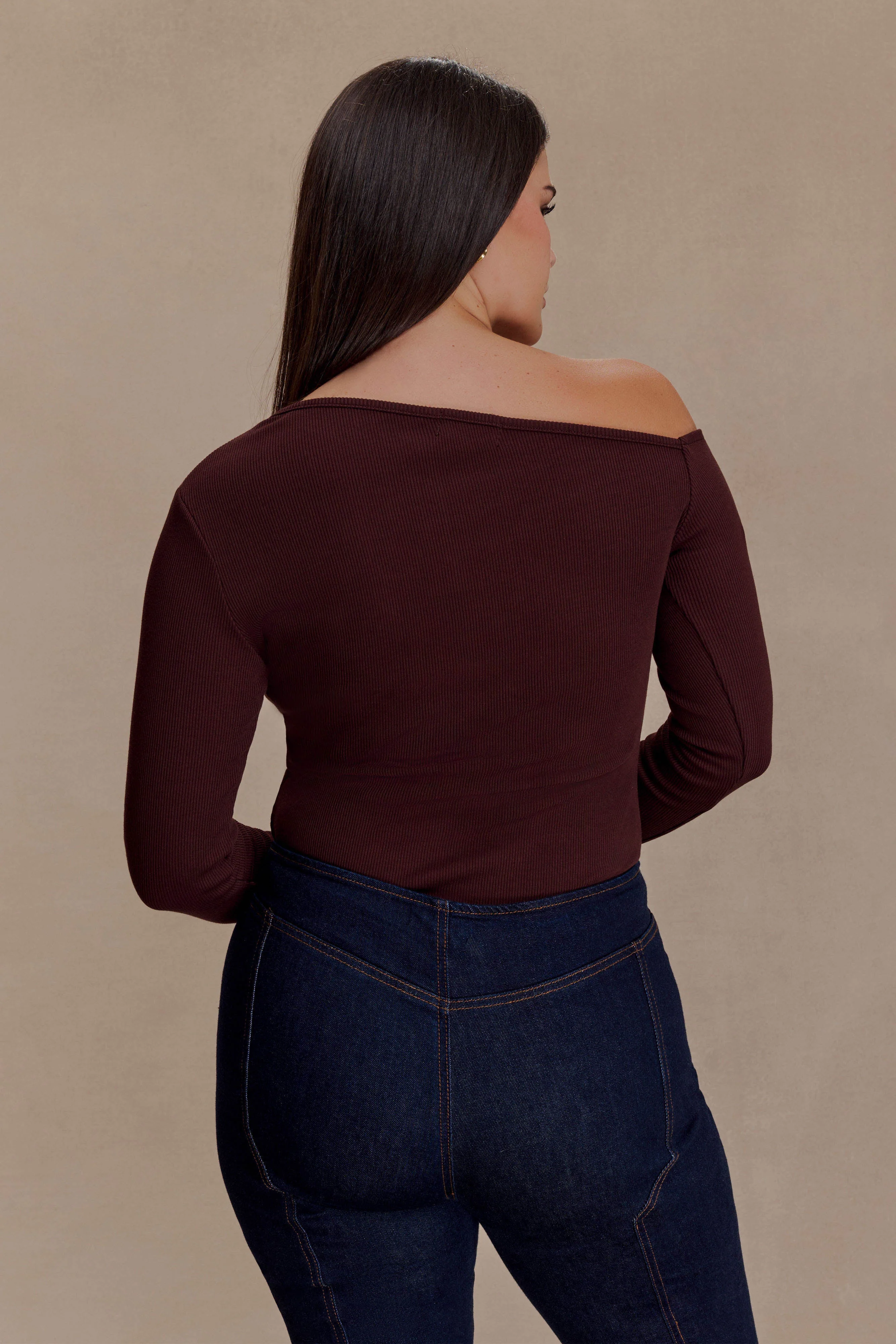 Maelle Off Shoulder Long Sleeve Top - Deep Chocolate - Image 4