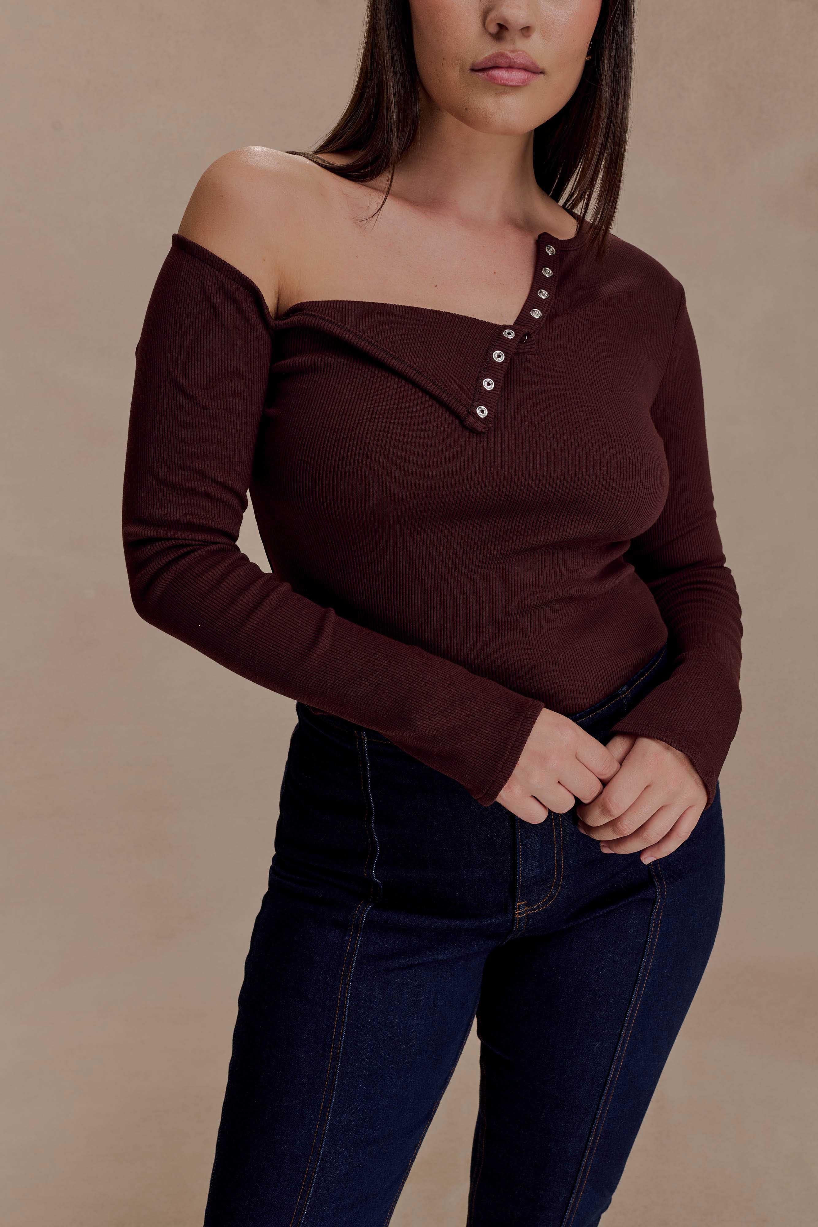 Maelle Off Shoulder Long Sleeve Top - Deep Chocolate - Image 7