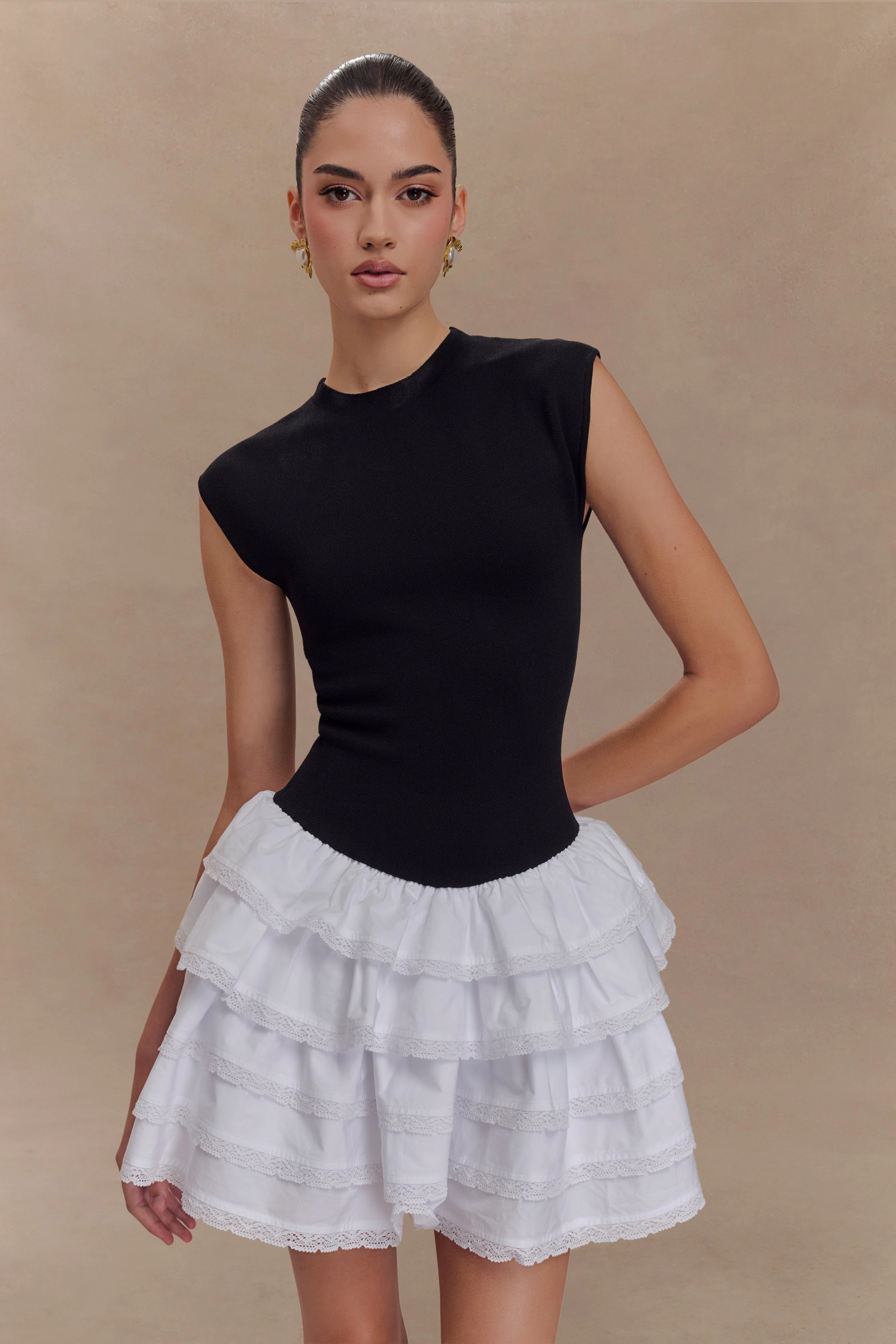 Maeve Contrast Ruffle Knit Mini Dress - Black/White - Image 2