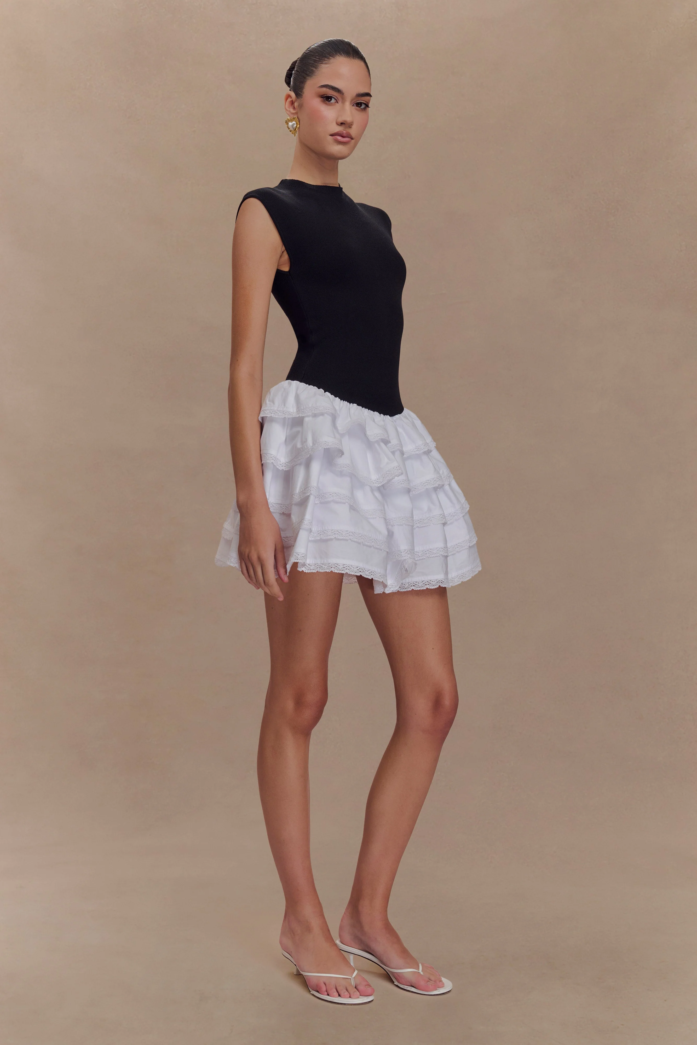 Maeve Contrast Ruffle Knit Mini Dress - Black/White - Image 6