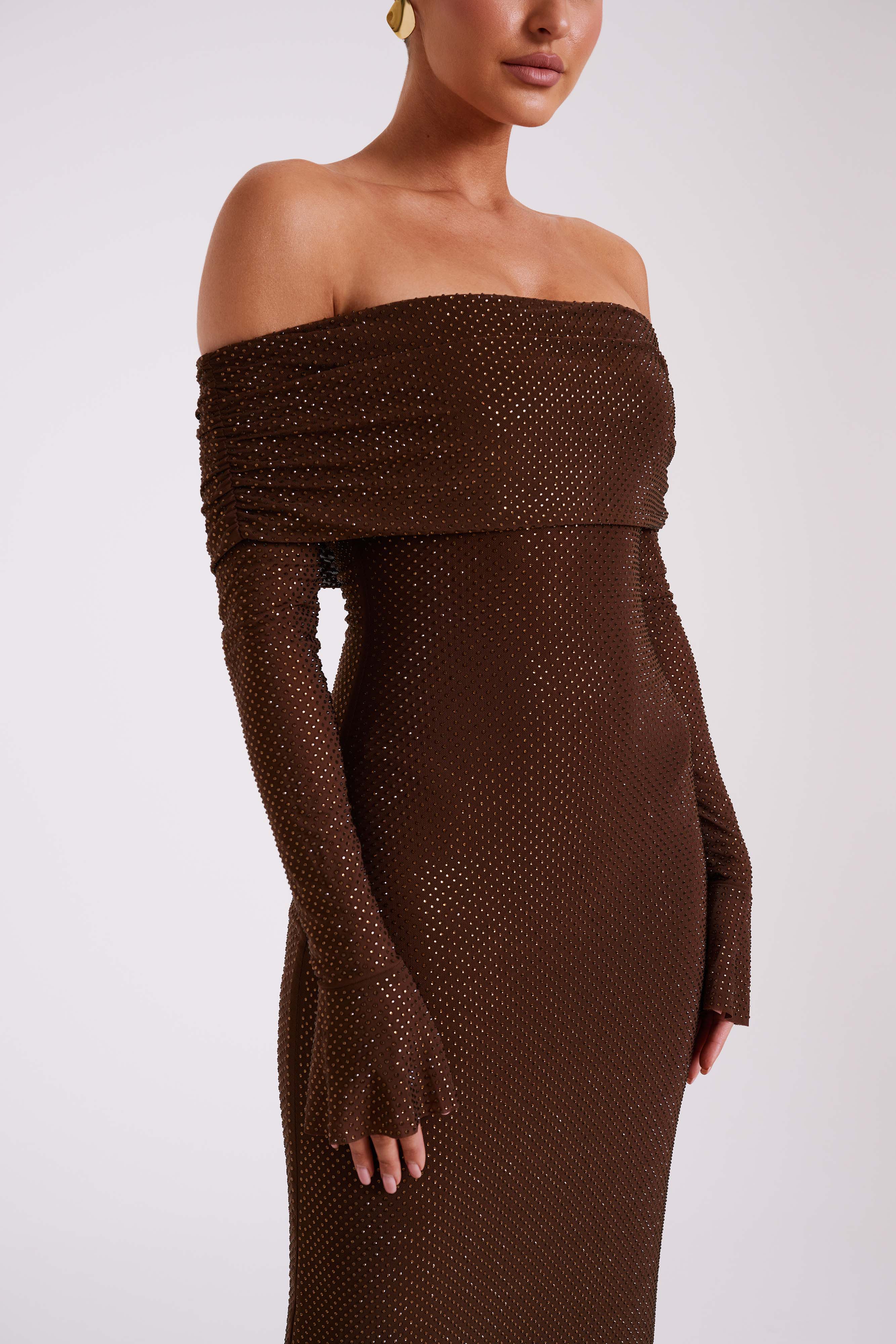 Marcel Off Shoulder Diamante Maxi Dress - Chocolate - Image 11