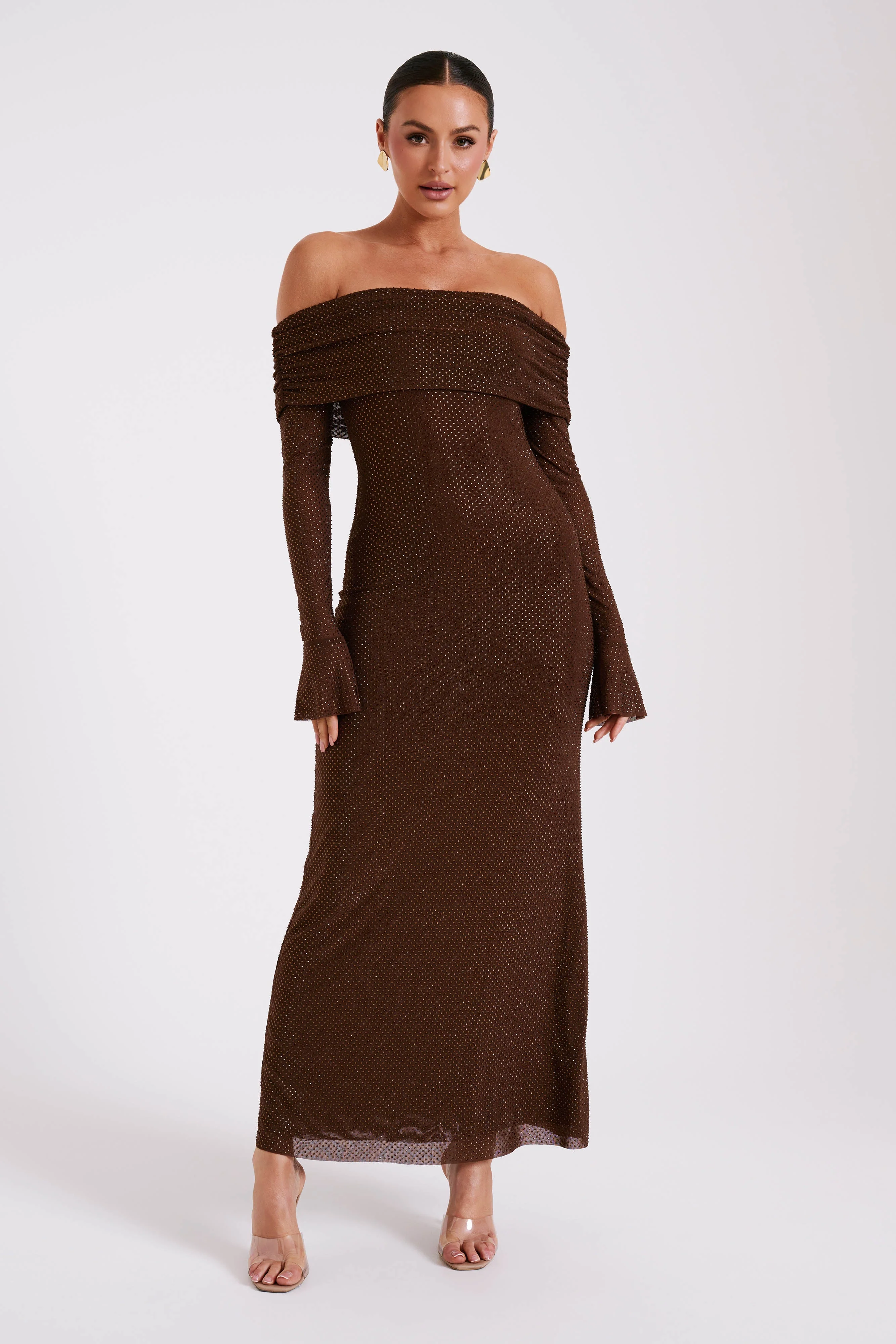 Marcel Off Shoulder Diamante Maxi Dress - Chocolate - Image 6