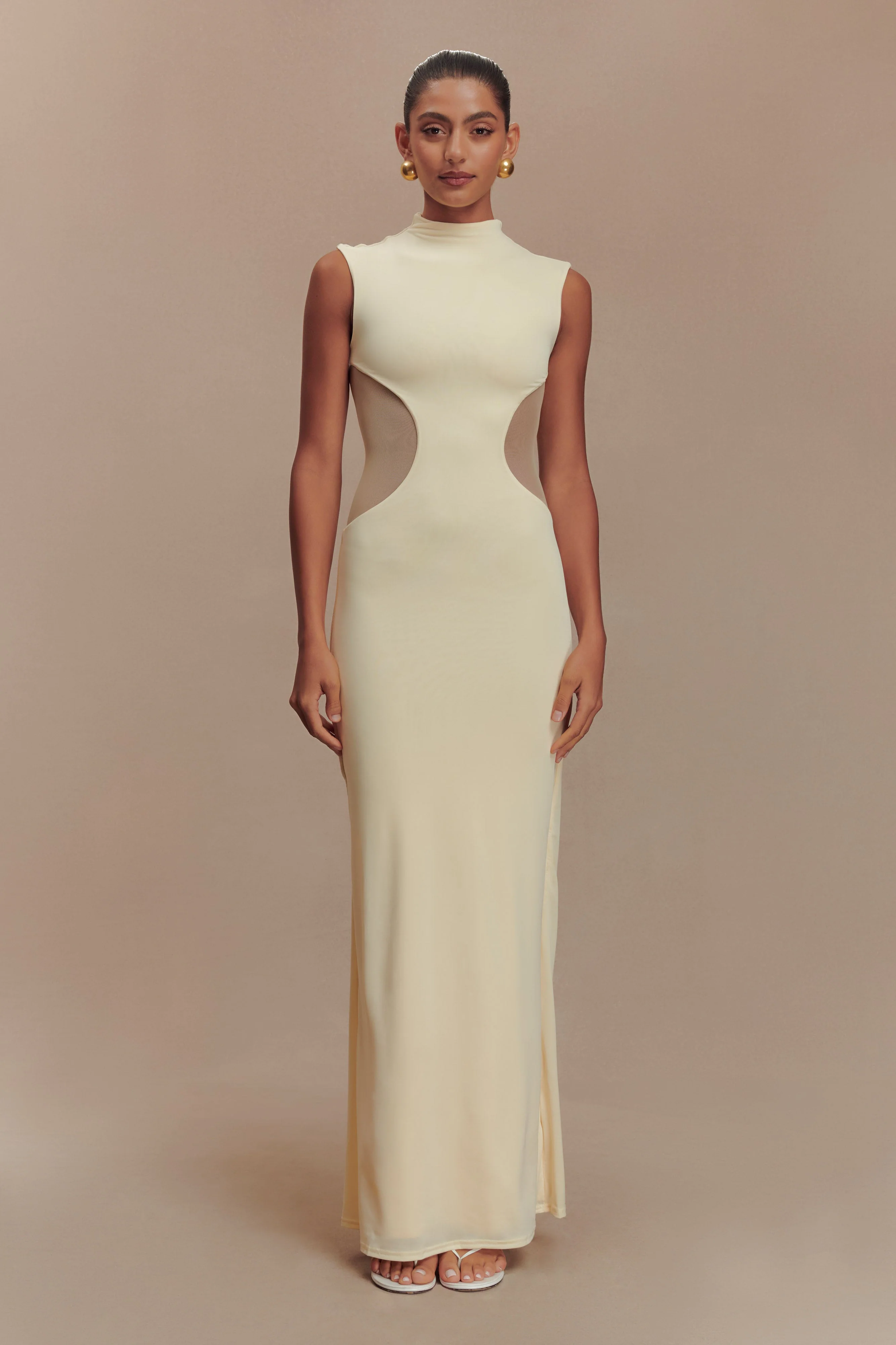 Massie Slinky And Mesh Maxi Dress - Lemon - Image 2