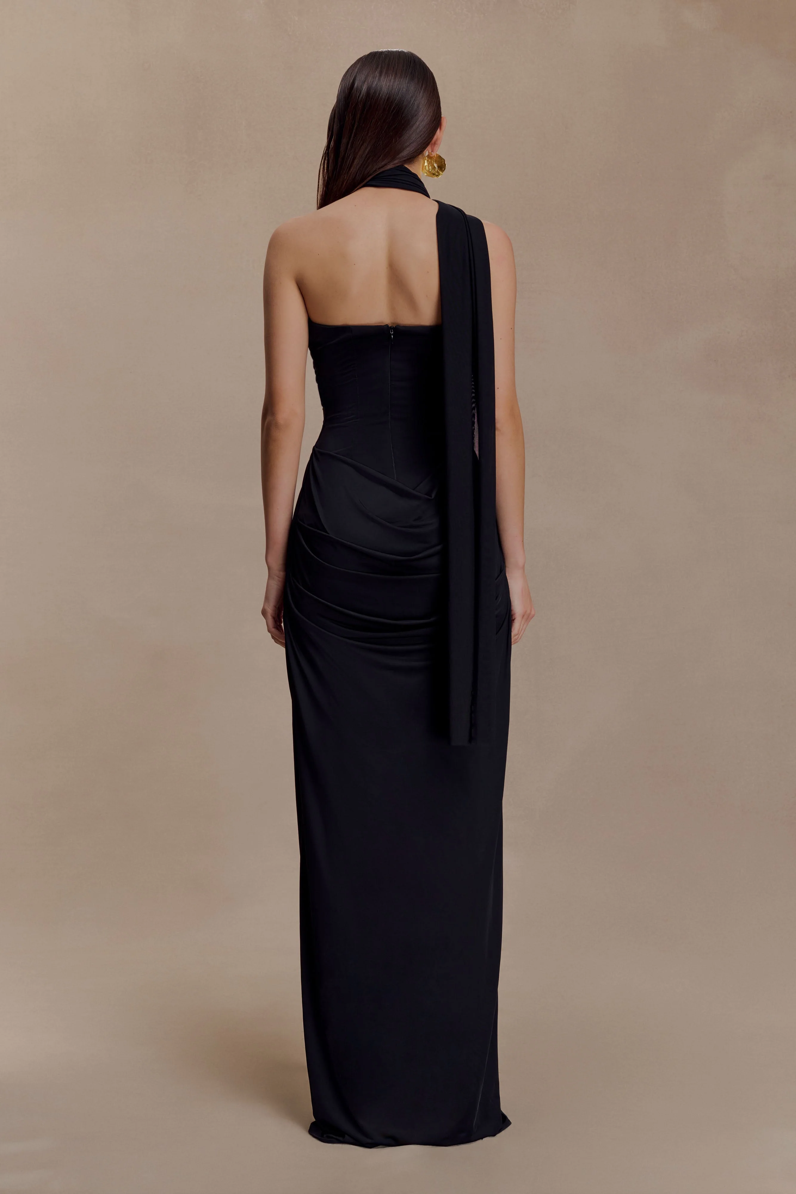Mattea Slinky And Mesh Maxi Dress With Scarf - Black - Image 2