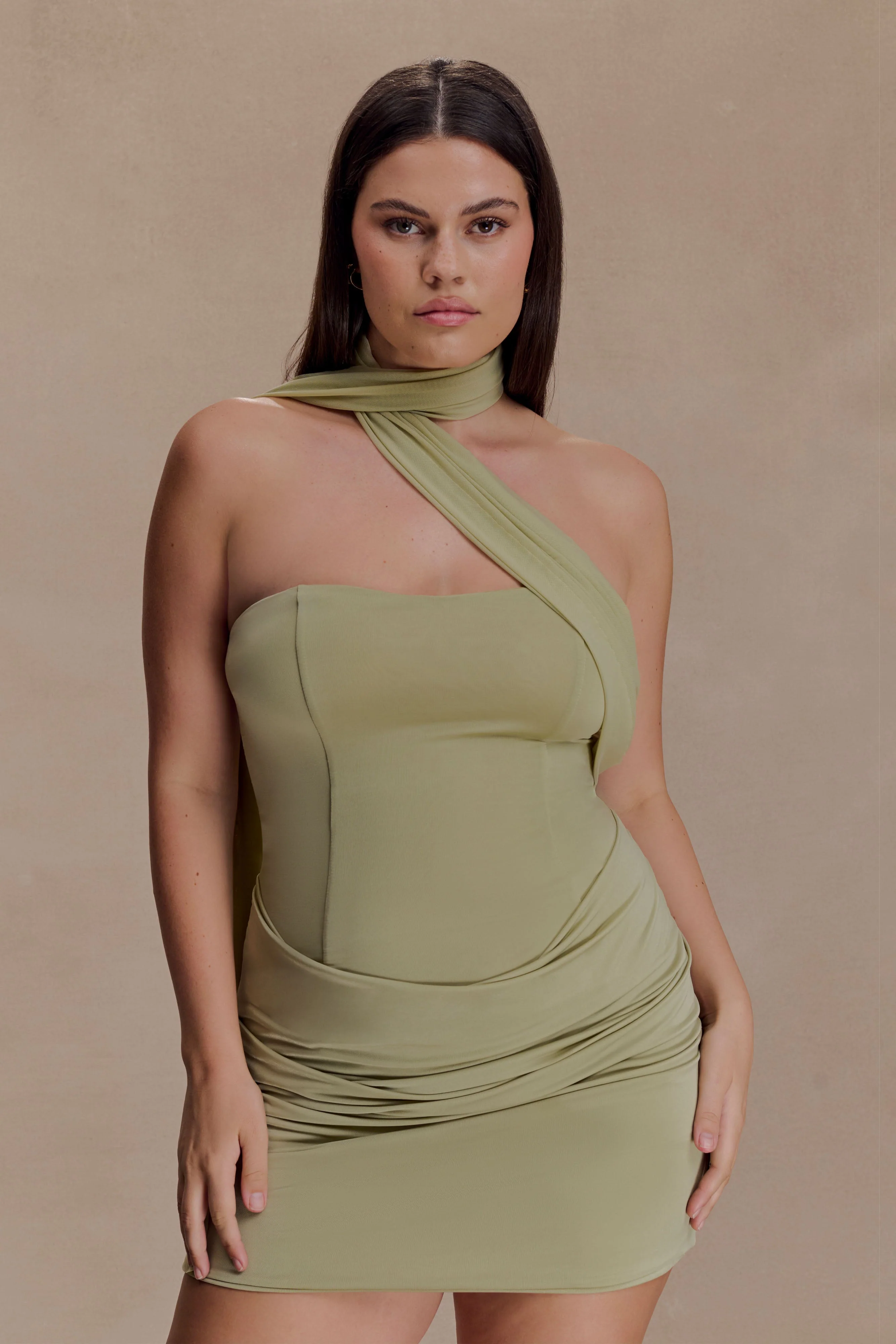 Mattea Slinky And Mesh Mini Dress With Scarf - Sage - Image 5