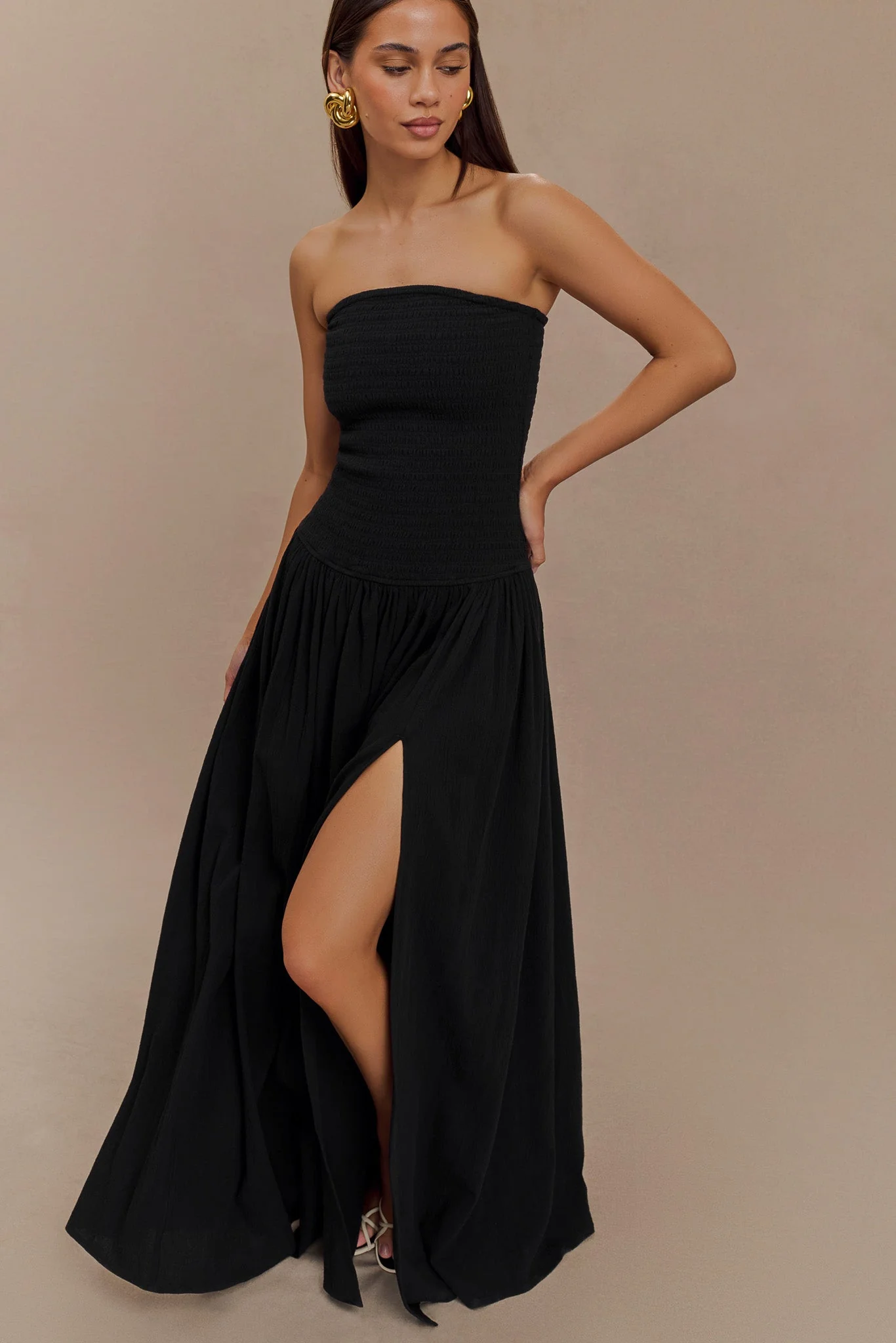 Maureen Cotton Shirring Maxi Dress - Black - Image 3