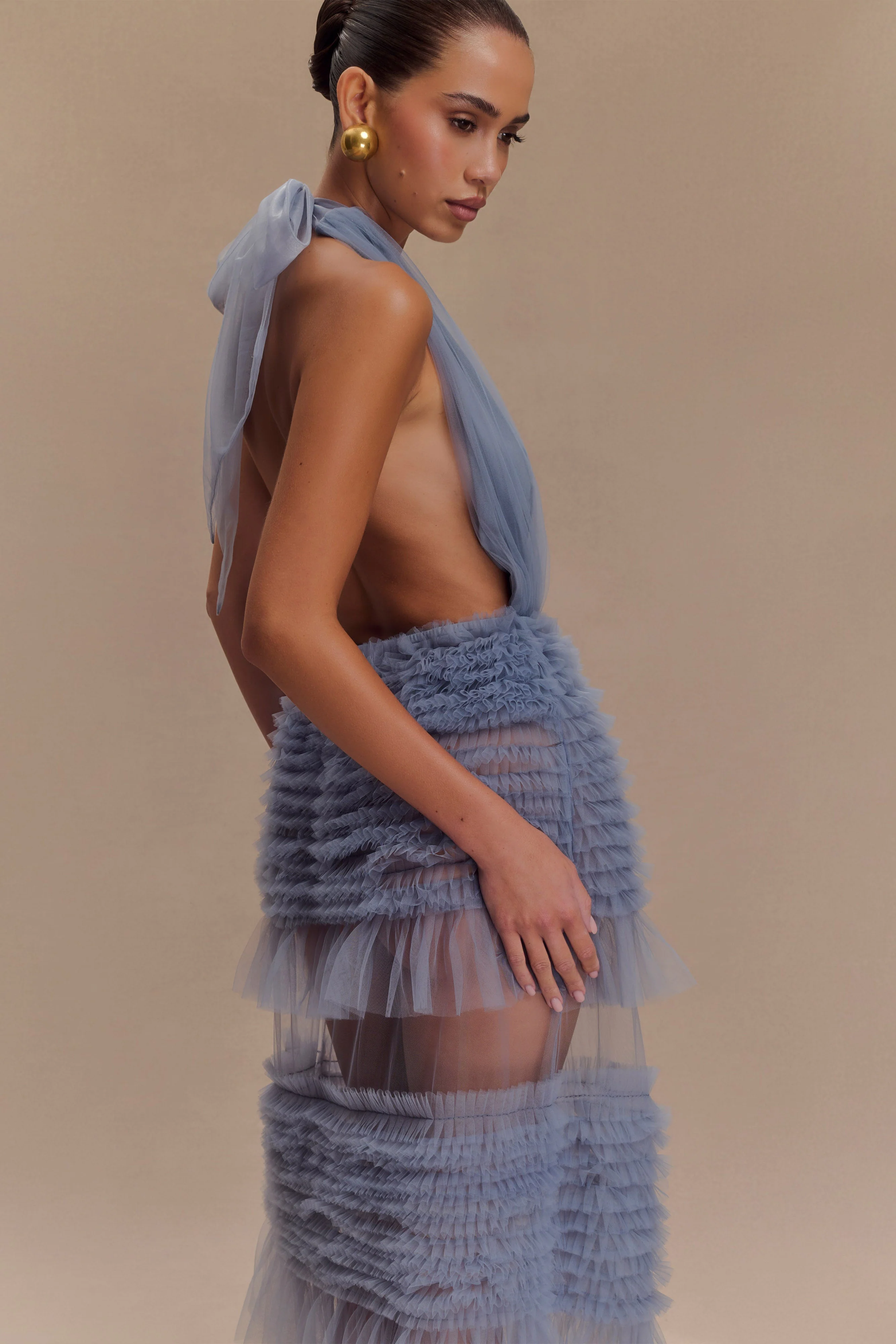 Minka Mesh Ruffle Halter Maxi Dress - Dusty Blue - Image 3