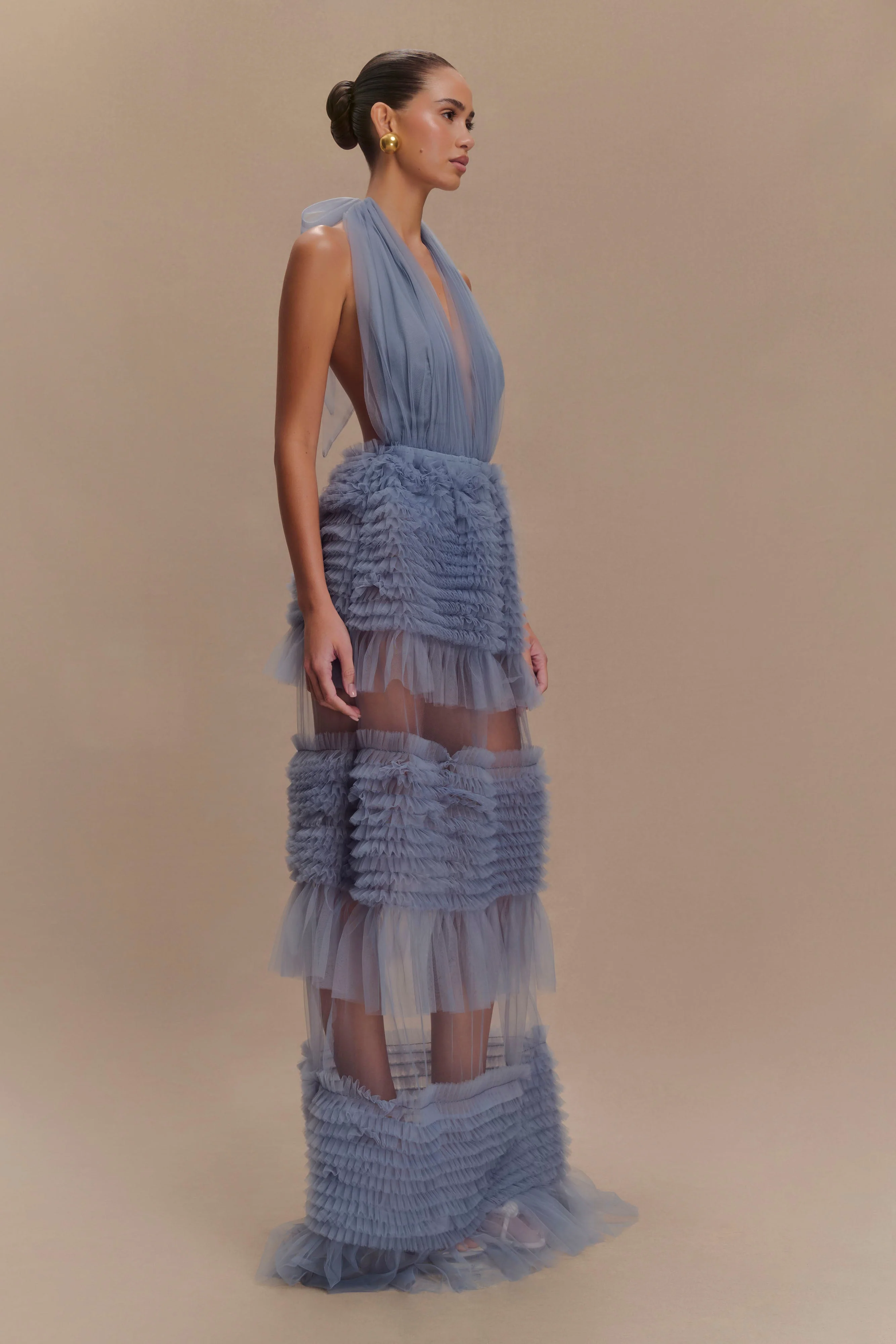 Minka Mesh Ruffle Halter Maxi Dress - Dusty Blue - Image 4
