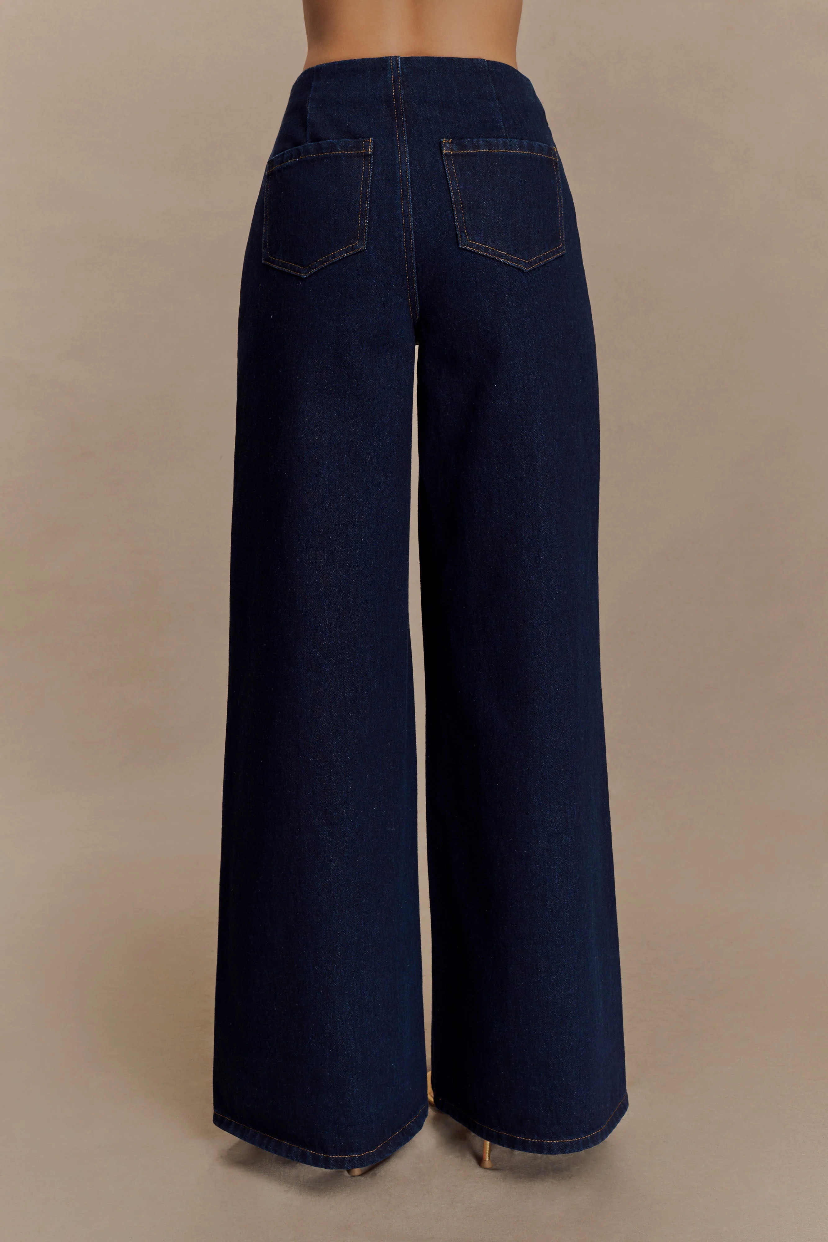 Miranda Faux Suede Belted Denim Wide Leg Jeans - Indigo Blue - Image 2