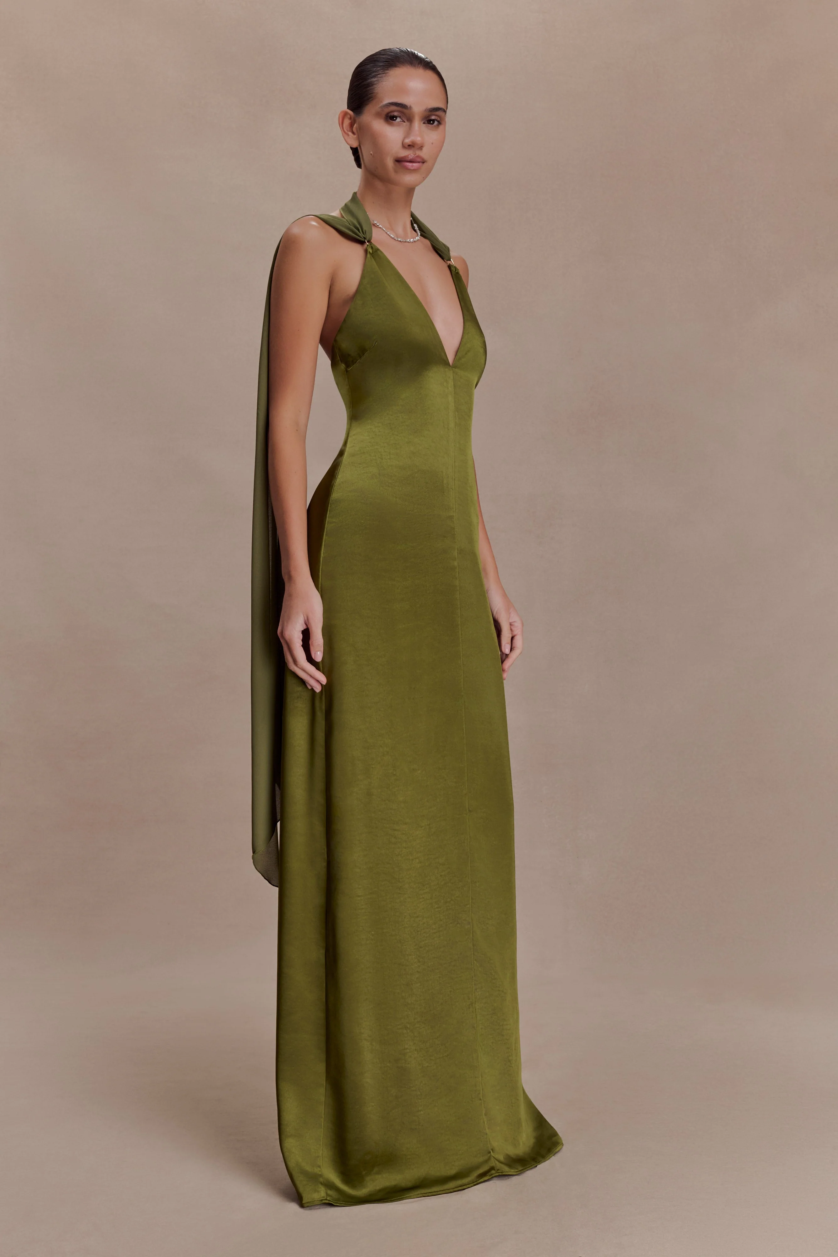 Myla Draped Shoulders Satin Maxi Dress - Khaki - Image 4