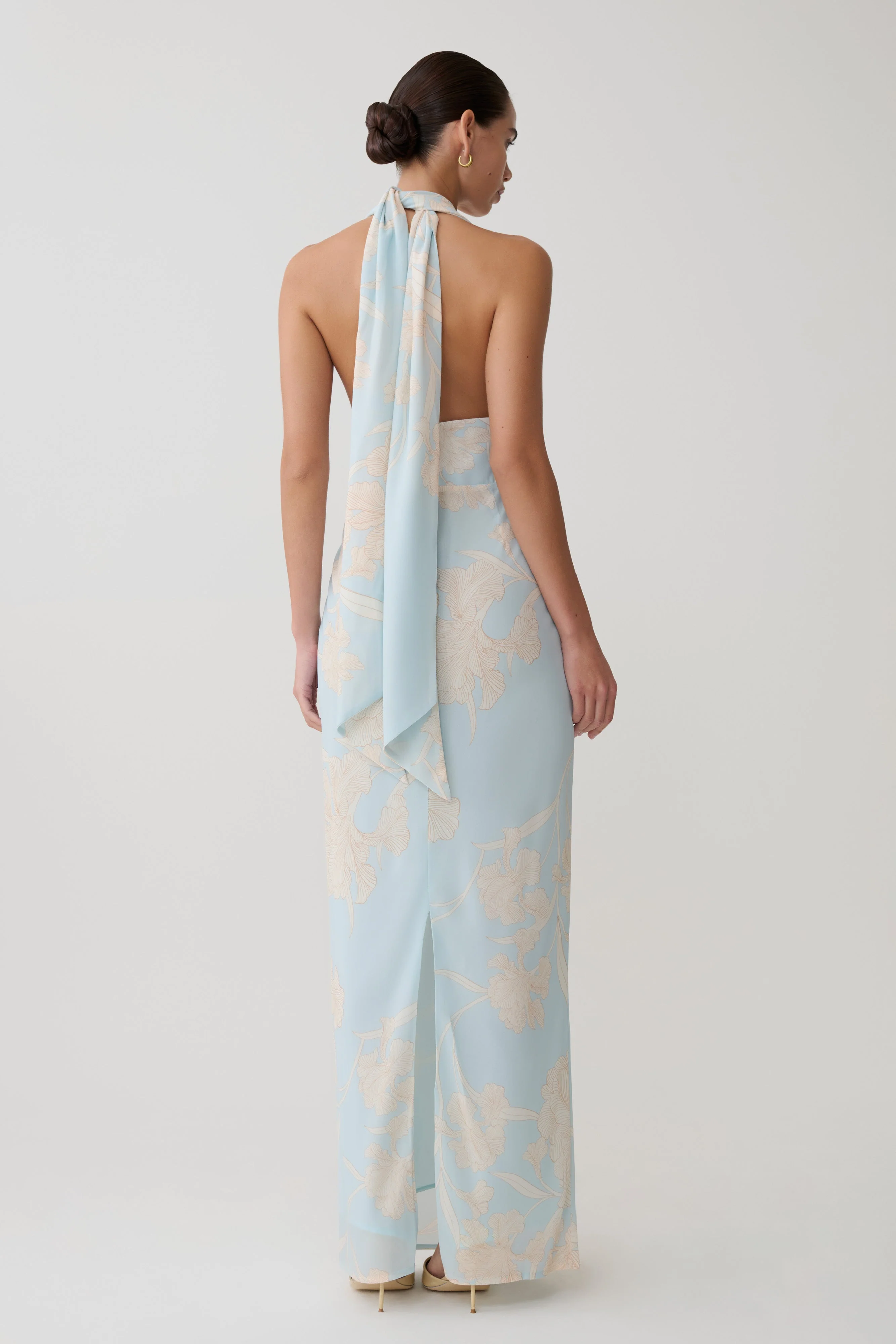 Nadine Halter Scarf Chiffon Maxi Dress - Blue Floral Print - Image 3