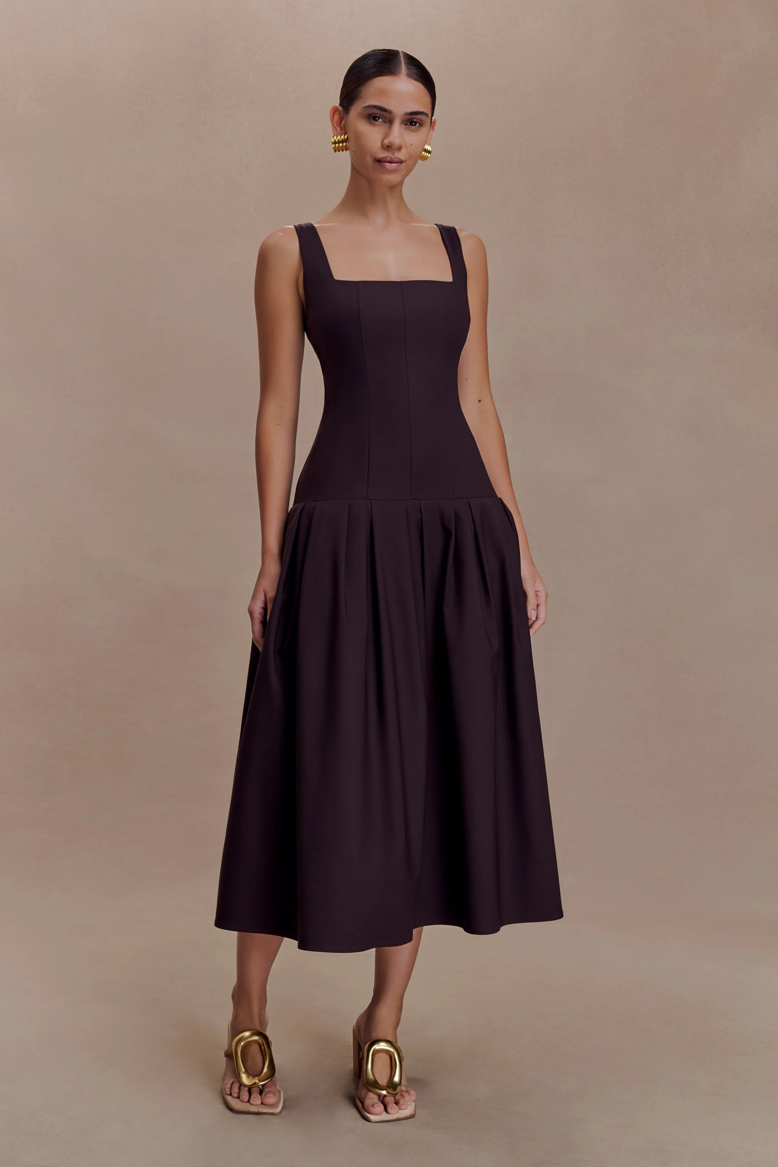 Natascha Drop Waist Cotton Midi Dress - Chocolate