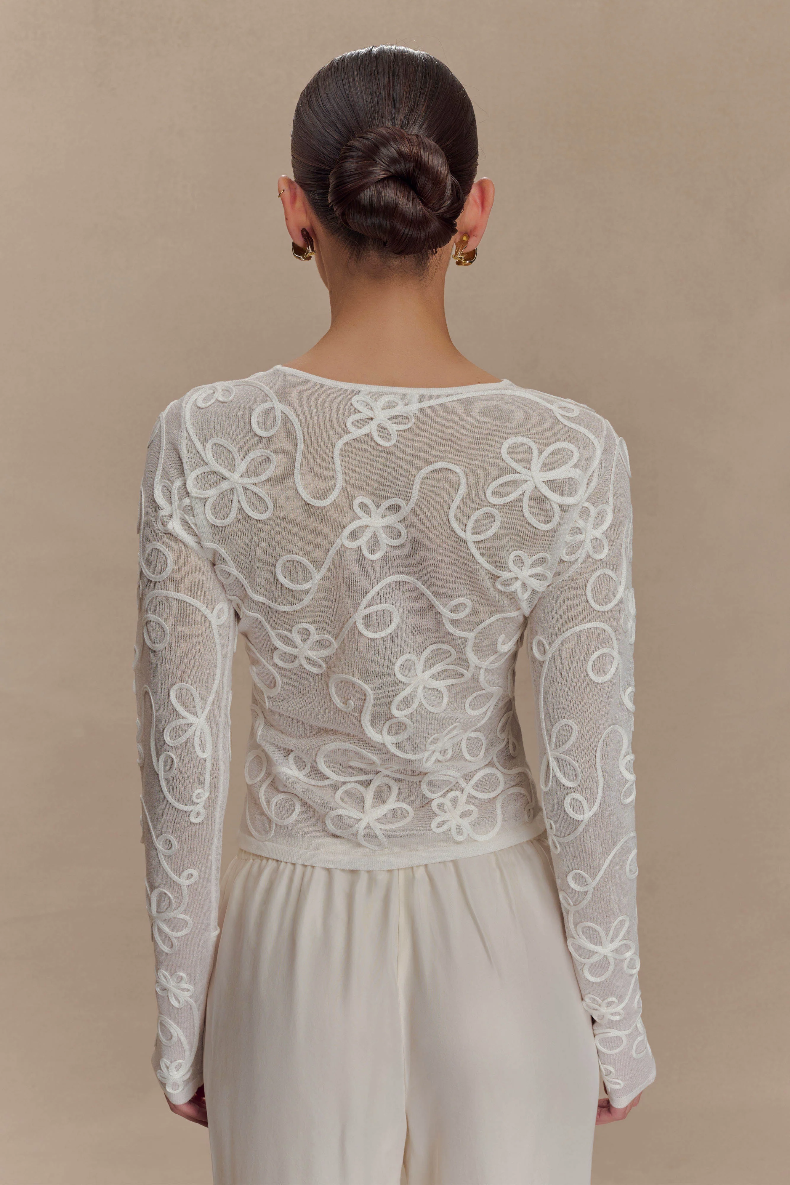 Omari Embroidery Long Sleeve Knit Top - Ivory - Image 2
